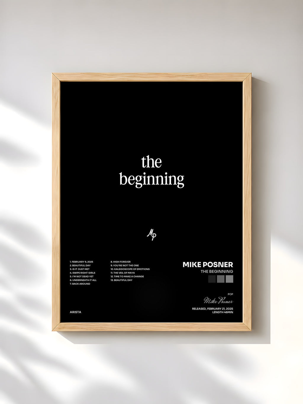 #bois Tableau de l'album The Beginning de Mike Posner, cadre en bois brut, imprimé et encadré en France