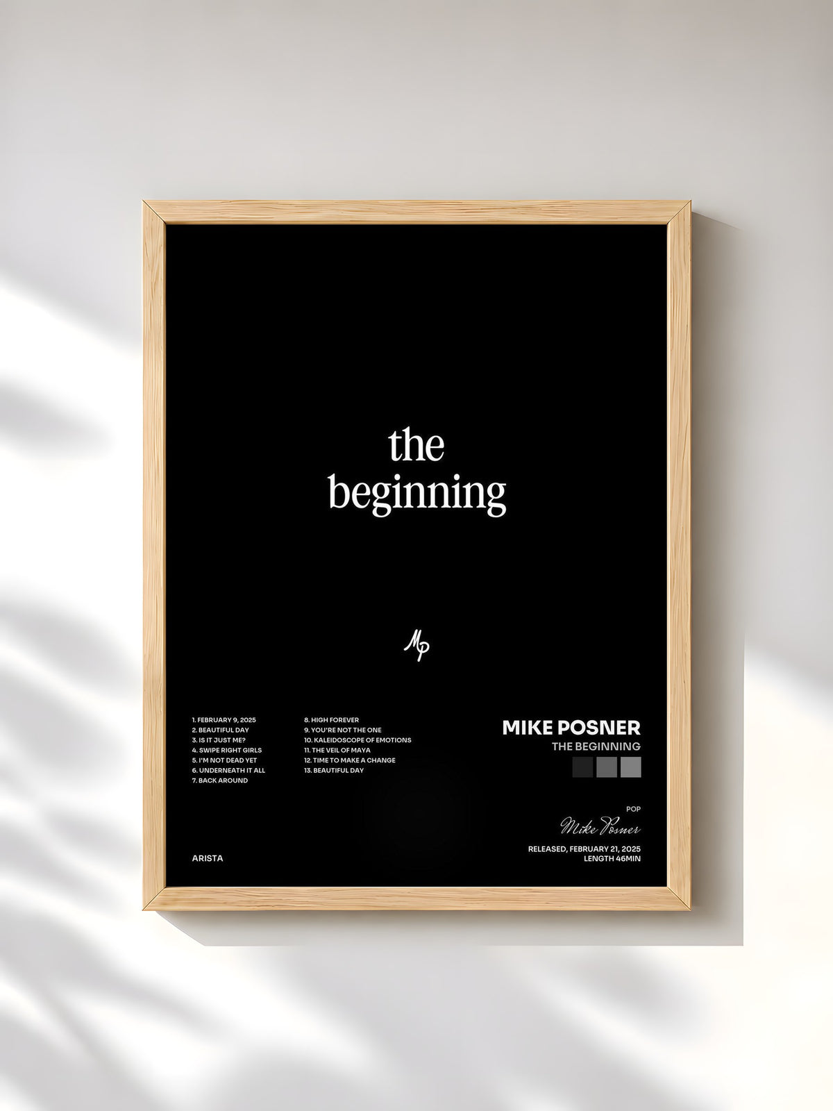 #bois Tableau de l'album The Beginning de Mike Posner, cadre en bois brut, imprimé et encadré en France