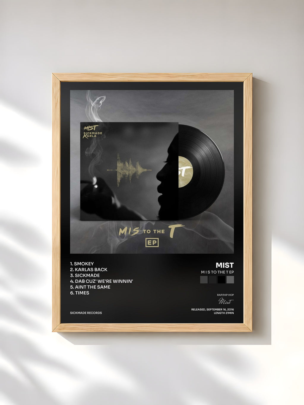 #bois Tableau de l'album M I S To The T EP de Mist, cadre en bois brut, imprimé et encadré en France