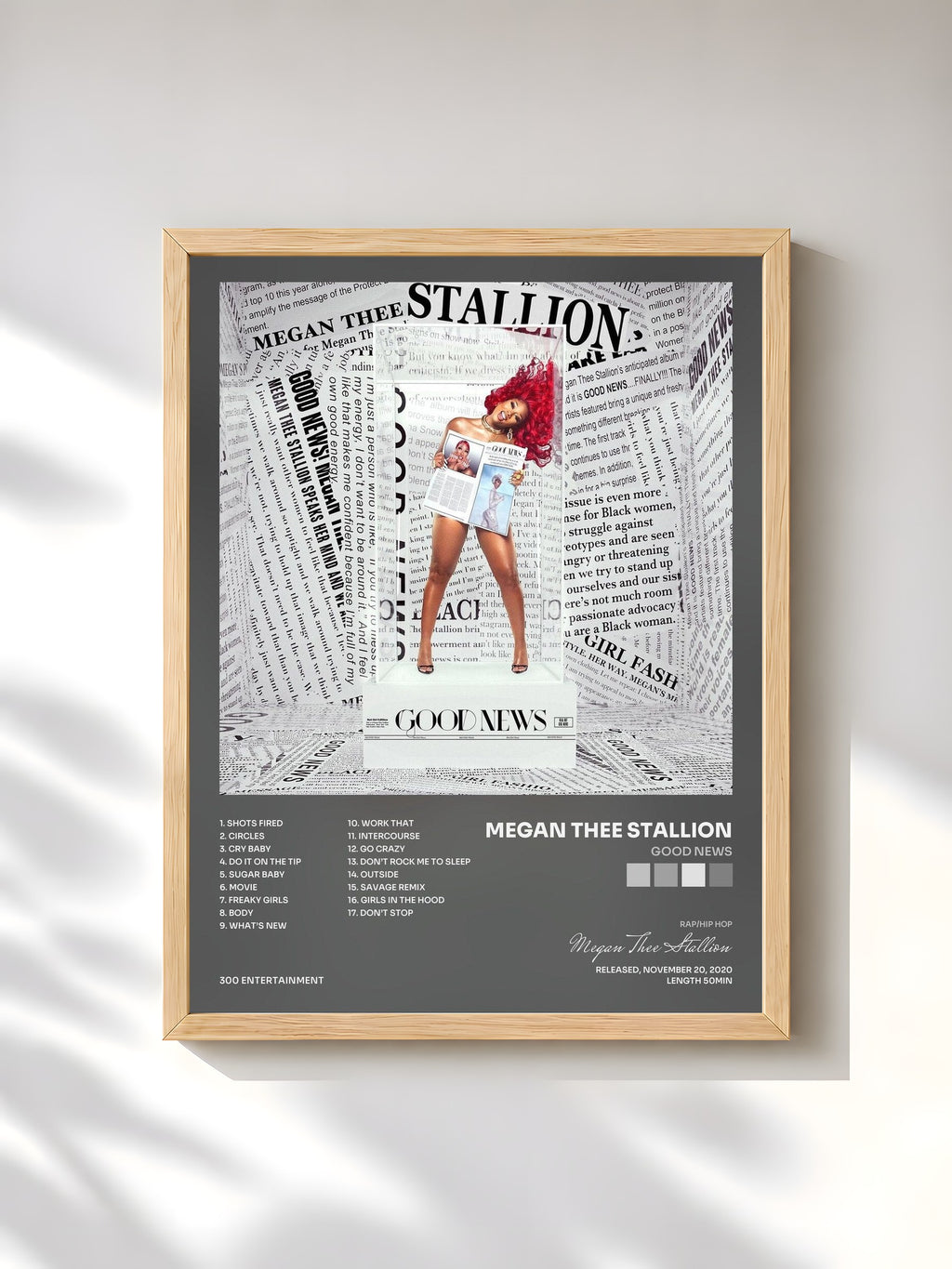 #bois Tableau de l'album Good News de Megan Thee Stallion, cadre en bois brut, imprimé et encadré en France