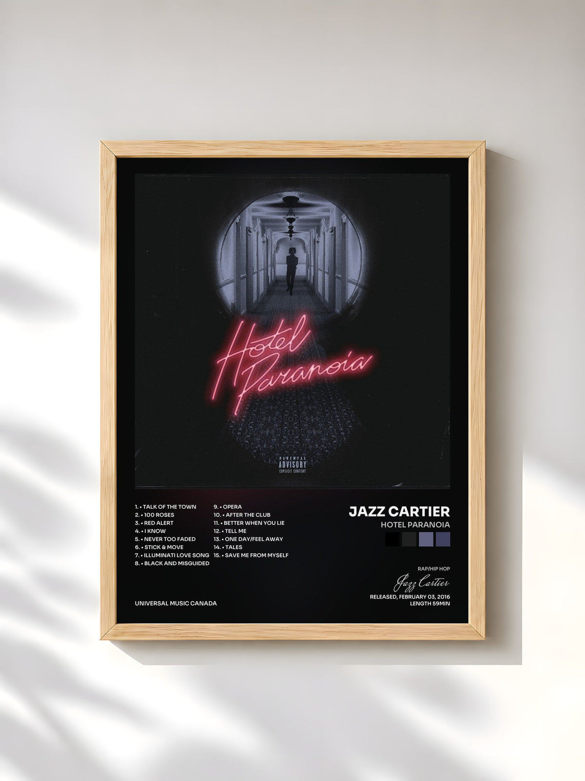 #bois Tableau de l'album Hotel Paranoia de Jazz Cartier, cadre en bois brut, imprimé et encadré en France