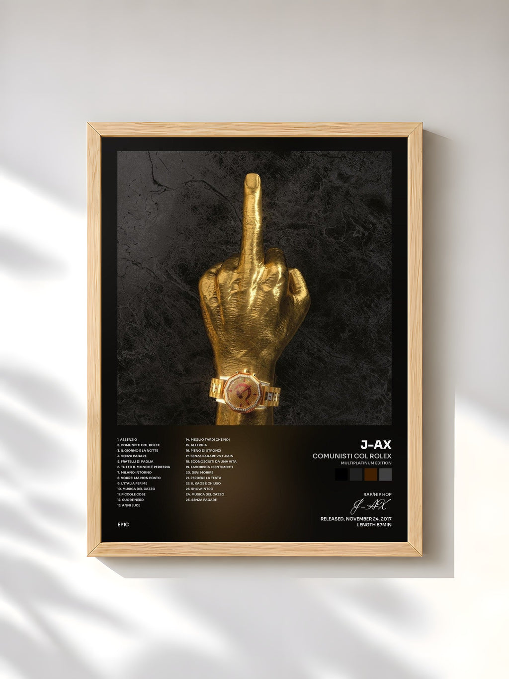 #bois Tableau de l'album Comunisti col Rolex (Multiplatinum Edition) de J-AX, cadre en bois brut, imprimé et encadré en France