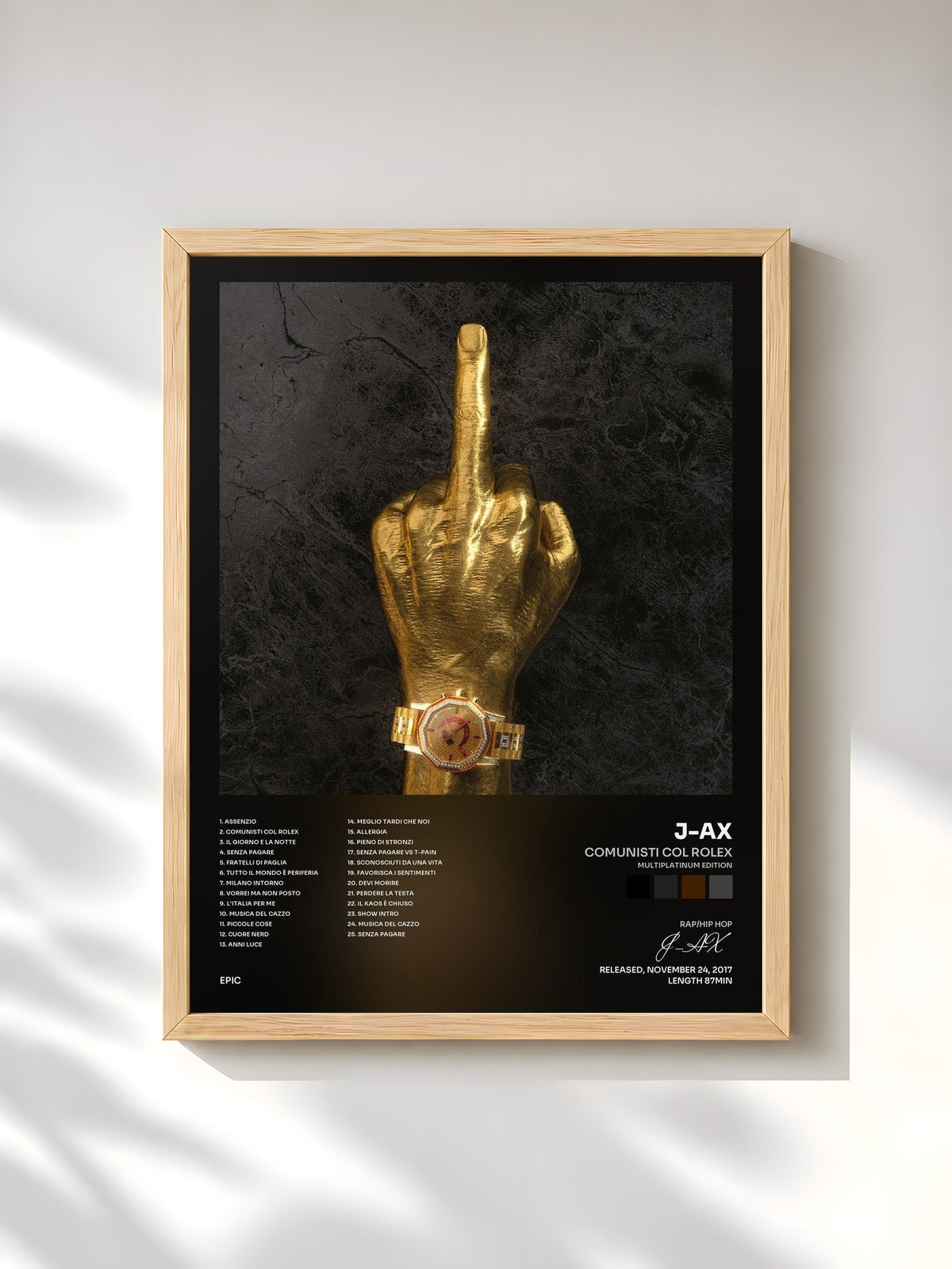 #bois Tableau de l'album Comunisti col Rolex (Multiplatinum Edition) de J-AX, cadre en bois brut, imprimé et encadré en France