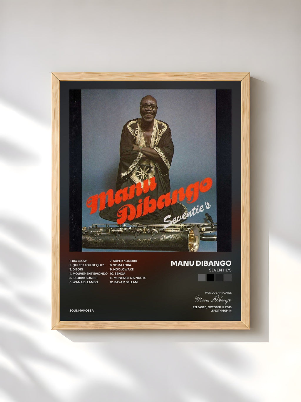 #bois Tableau de l'album Seventie's de Manu Dibango, cadre en bois brut, imprimé et encadré en France