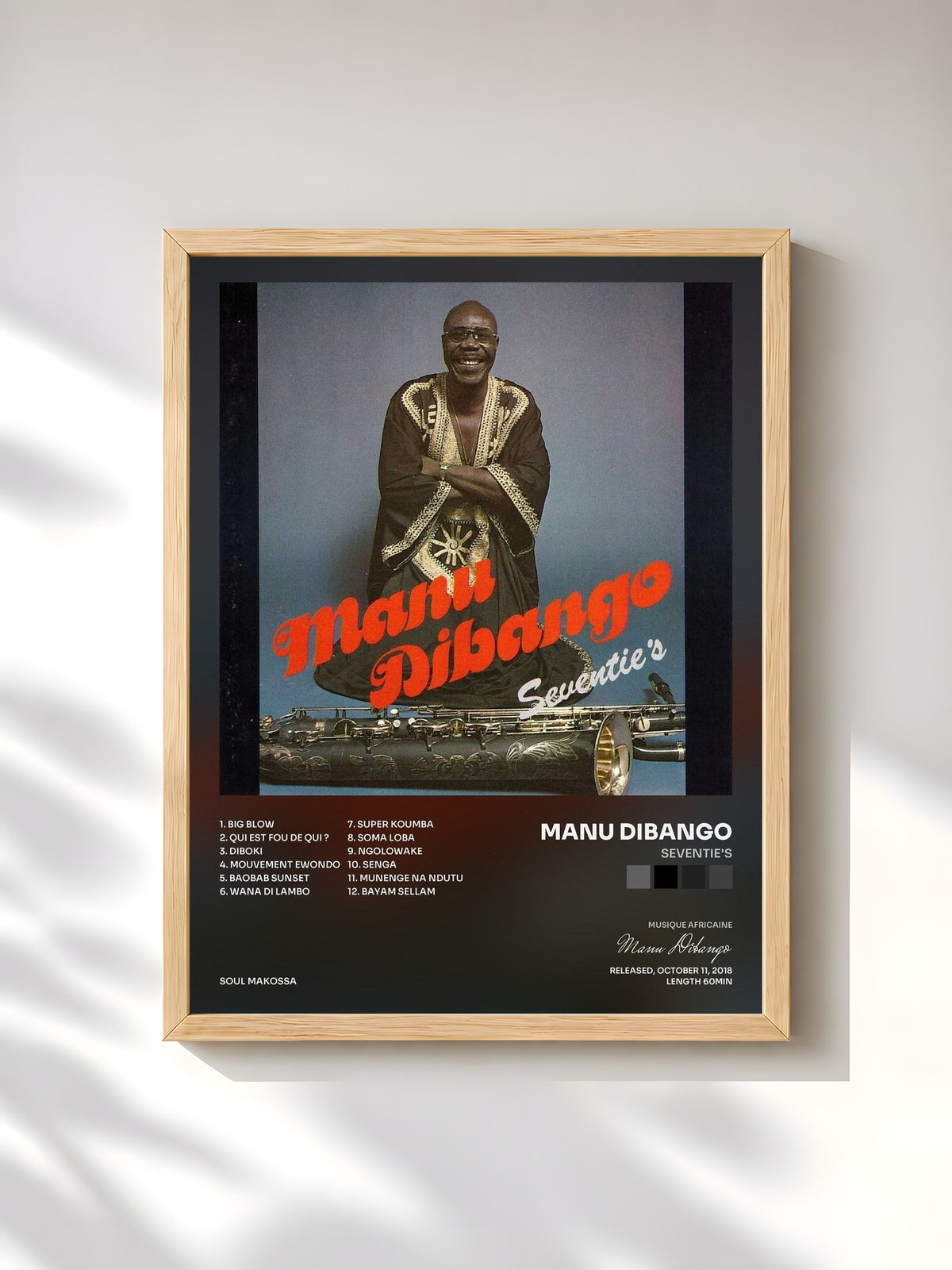 #bois Tableau de l'album Seventie's de Manu Dibango, cadre en bois brut, imprimé et encadré en France