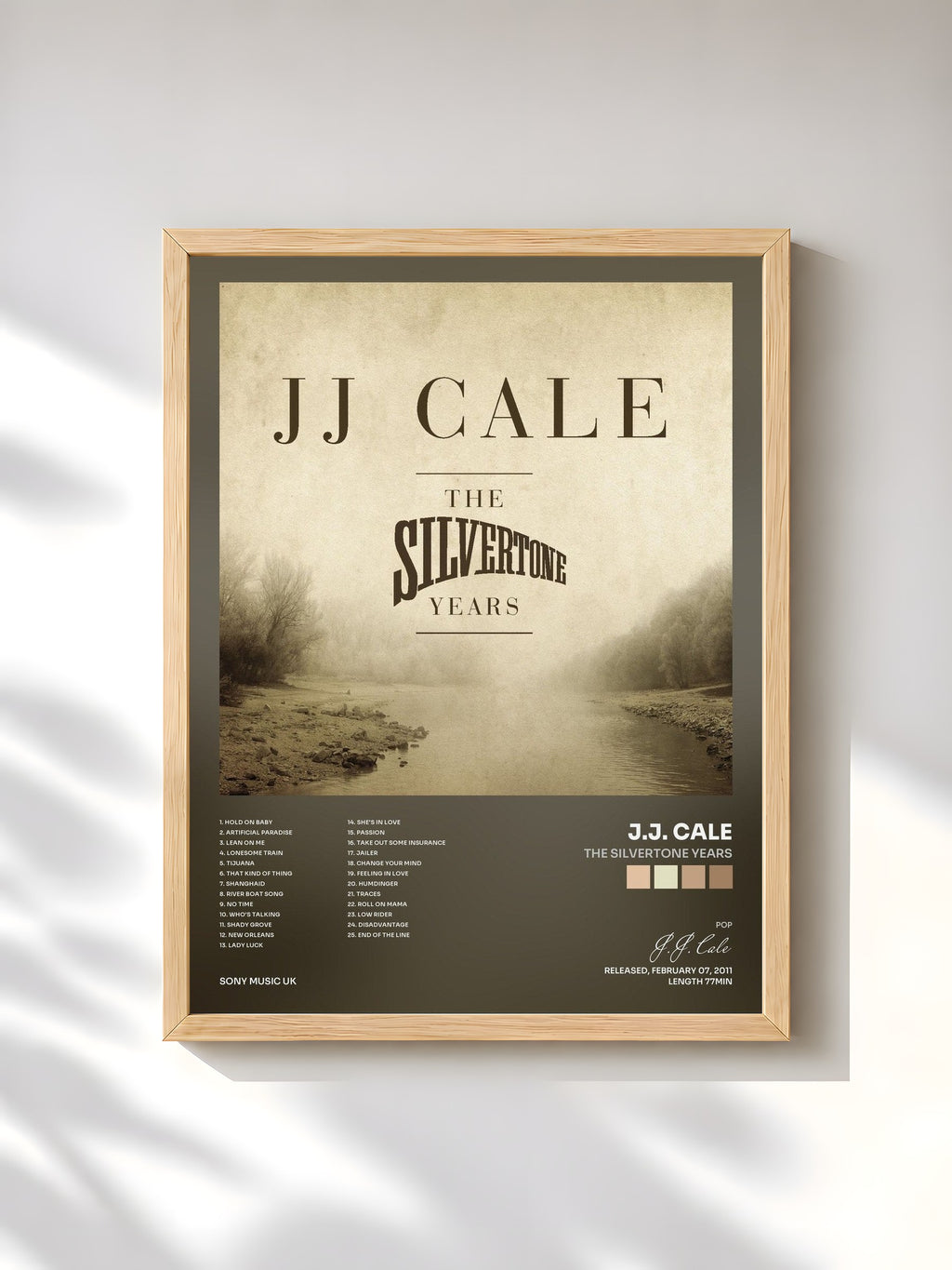 #bois Tableau de l'album The Silvertone Years de J.J. Cale, cadre en bois brut, imprimé et encadré en France