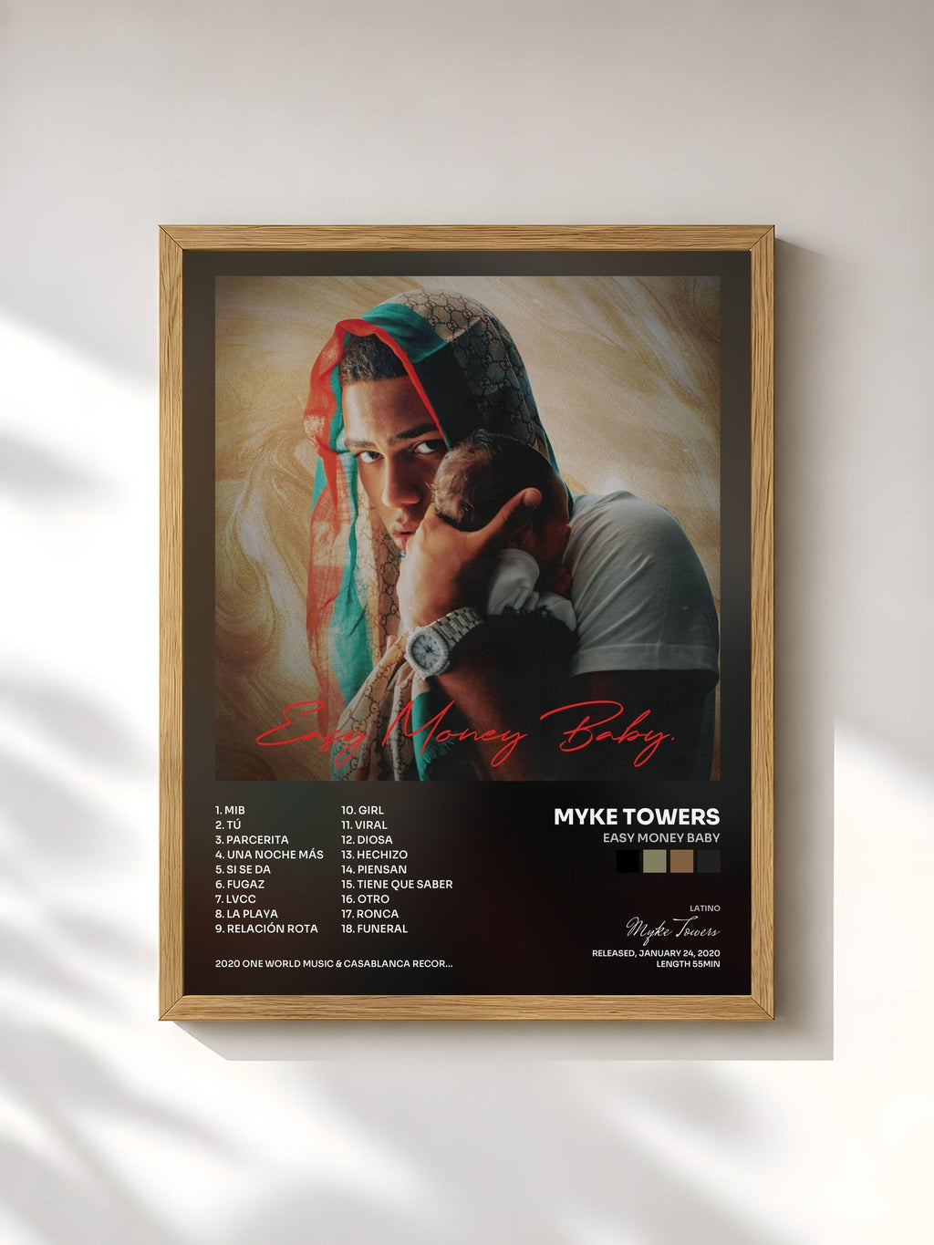 #bois Tableau de l'album Easy Money Baby de Myke Towers, cadre en bois brut, imprimé et encadré en France