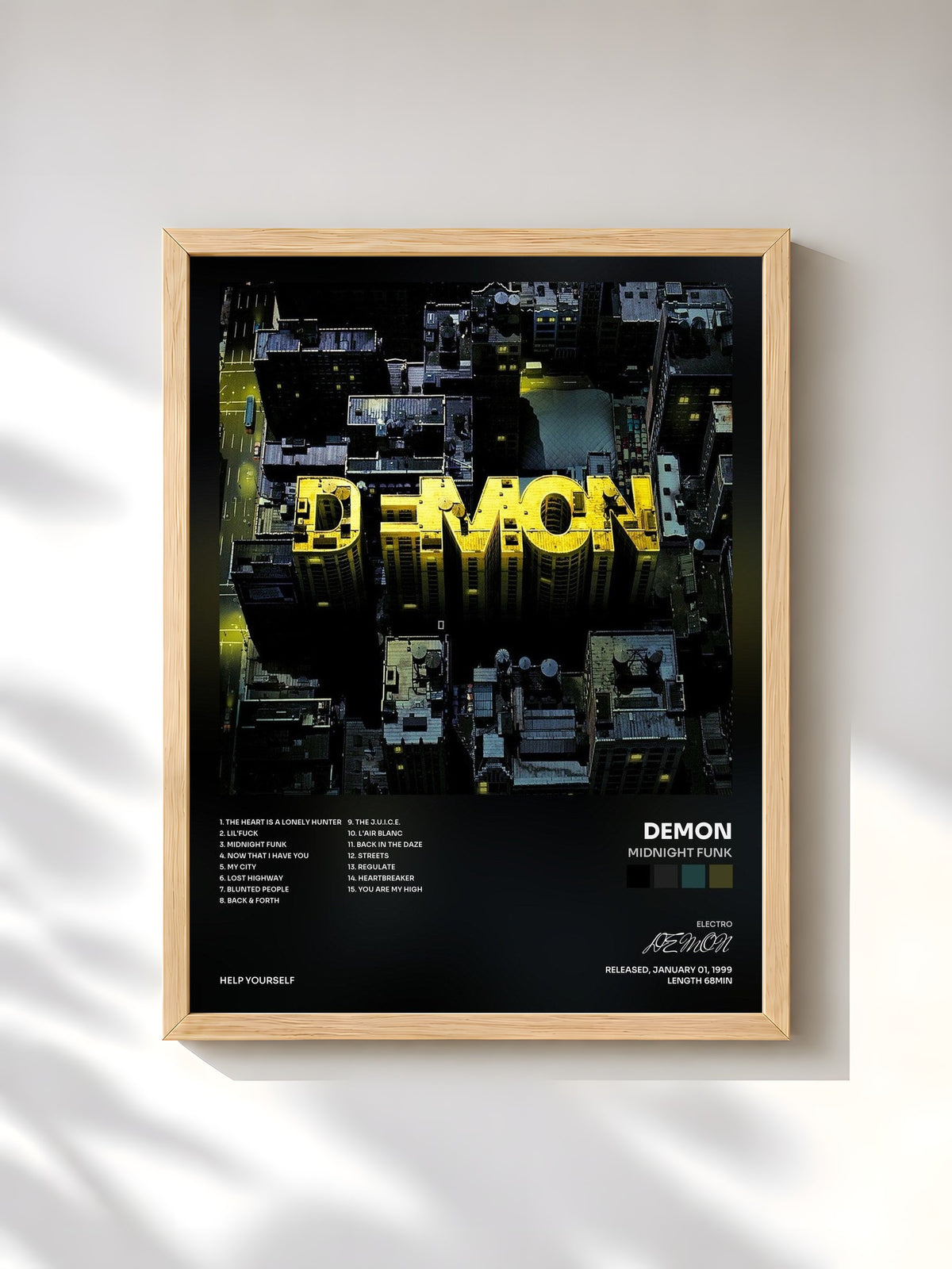 #bois Tableau de l'album Midnight Funk de DEMON, cadre en bois brut, imprimé et encadré en France