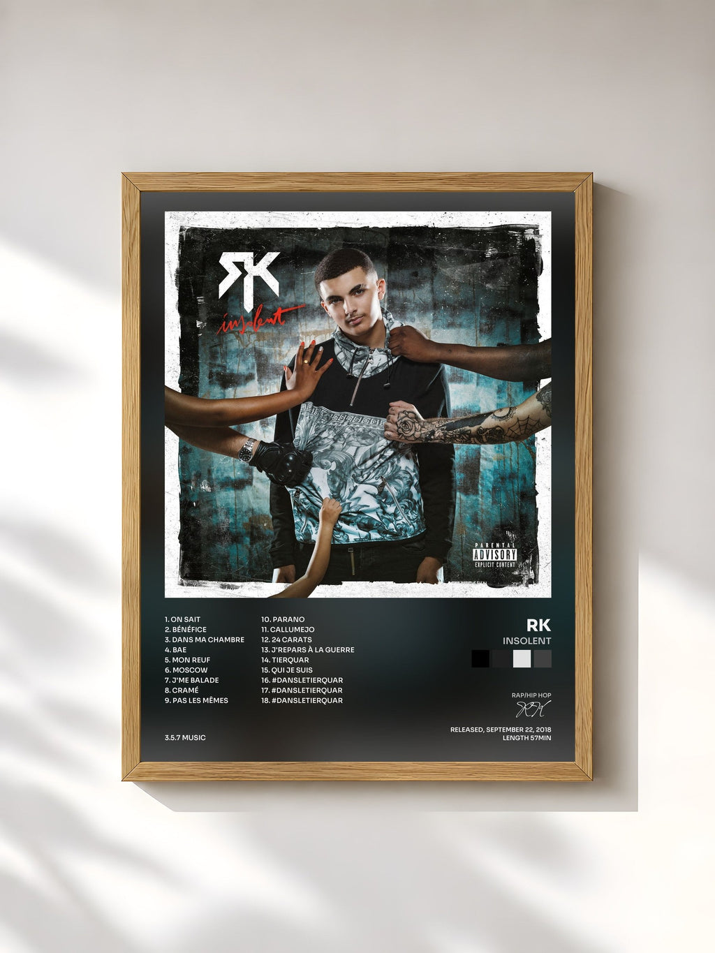 #bois Tableau de l'album Insolent de RK, cadre en bois brut, imprimé et encadré en France