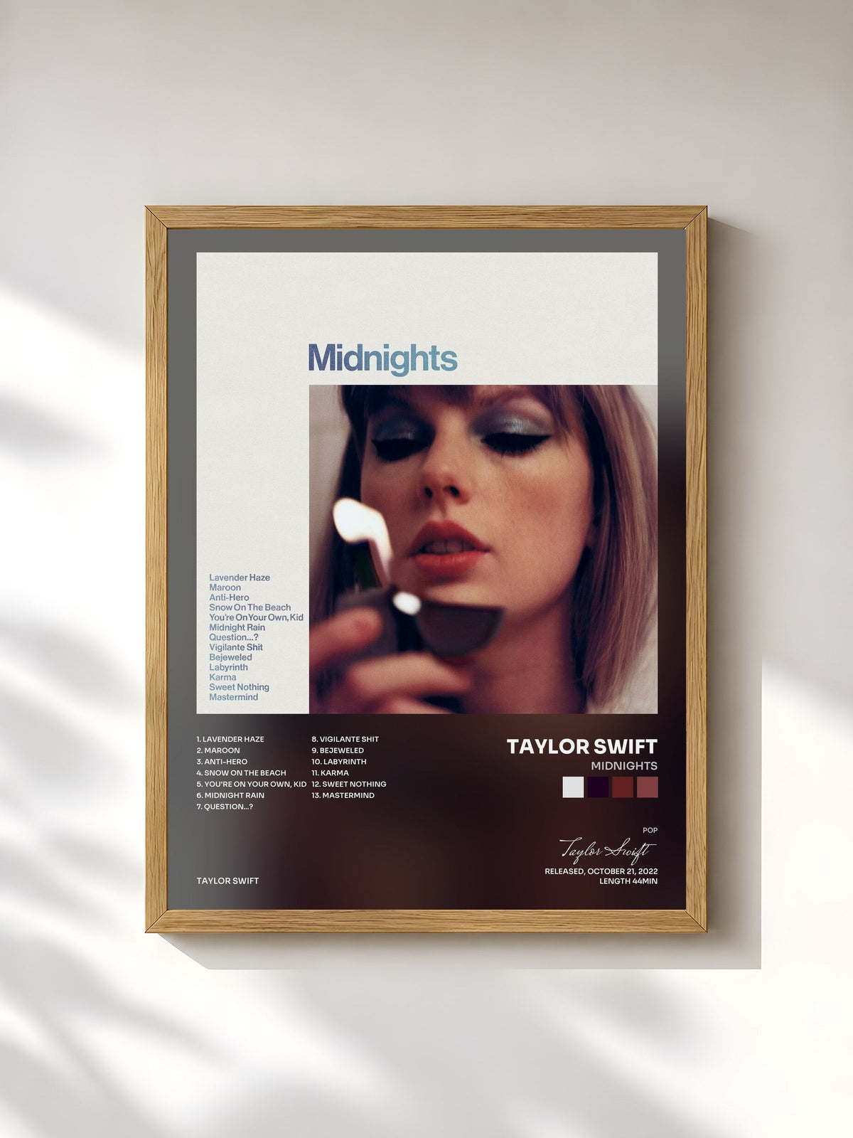 #bois Tableau de l'album Midnights de Taylor Swift, cadre en bois brut, imprimé et encadré en France