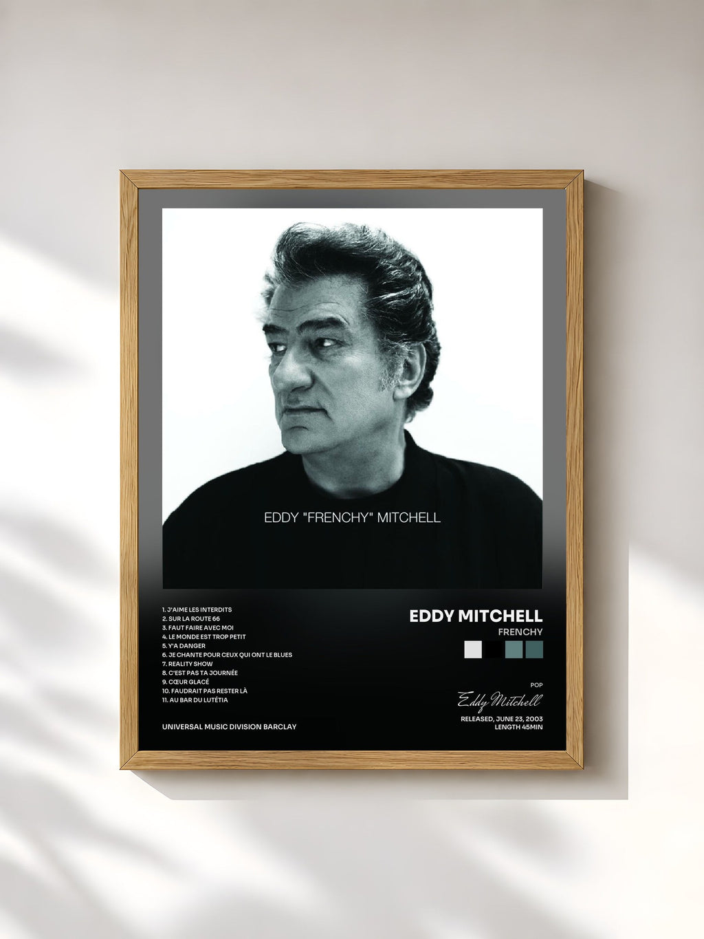 #bois Tableau de l'album Frenchy de Eddy Mitchell, cadre en bois brut, imprimé et encadré en France