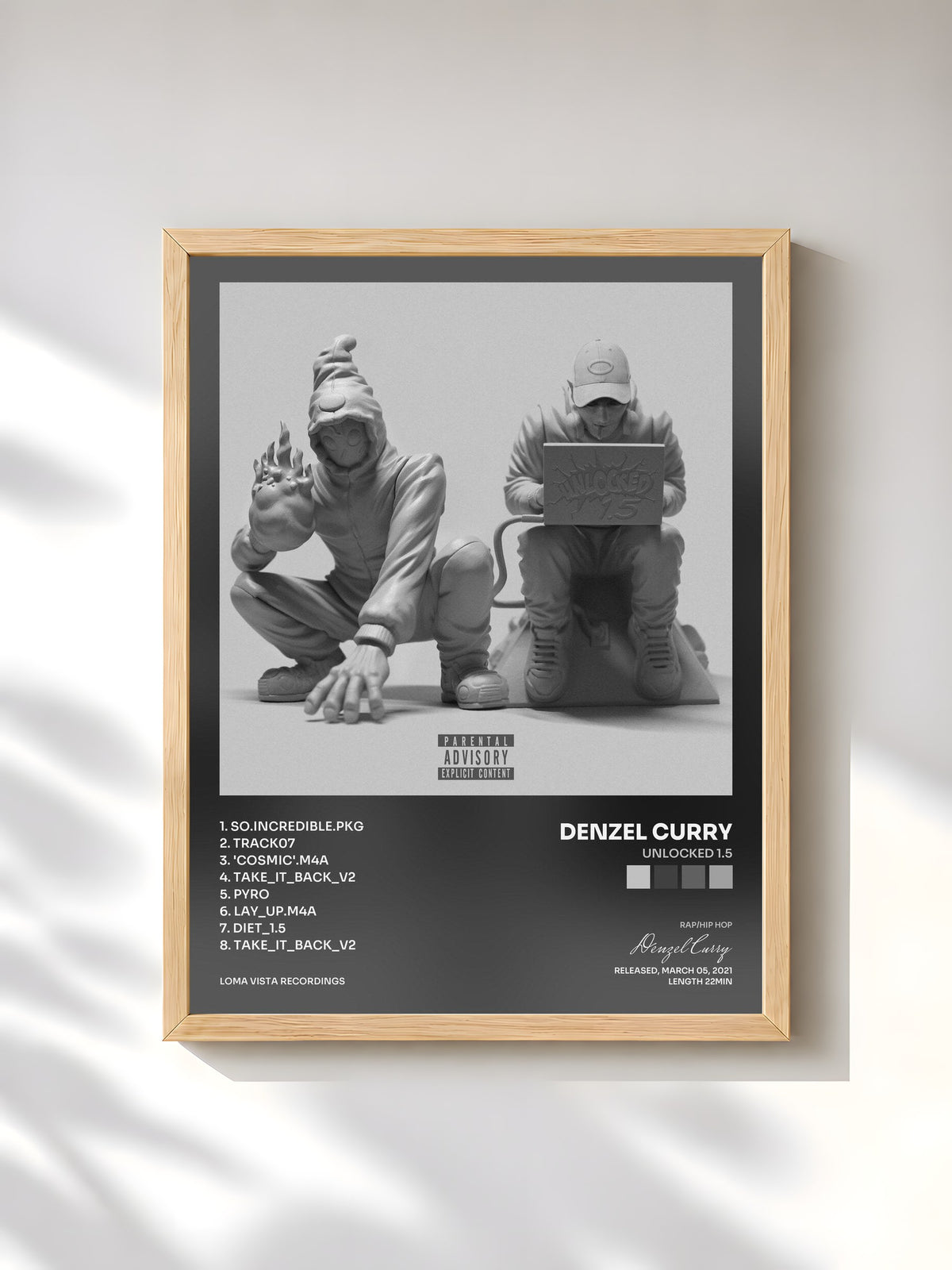 #bois Tableau de l'album UNLOCKED 1.5 de Denzel Curry, cadre en bois brut, imprimé et encadré en France