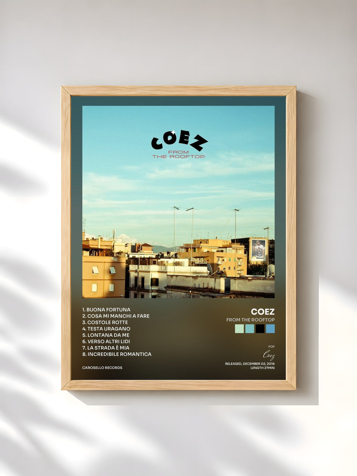 #bois Tableau de l'album From the Rooftop de Coez, cadre en bois brut, imprimé et encadré en France