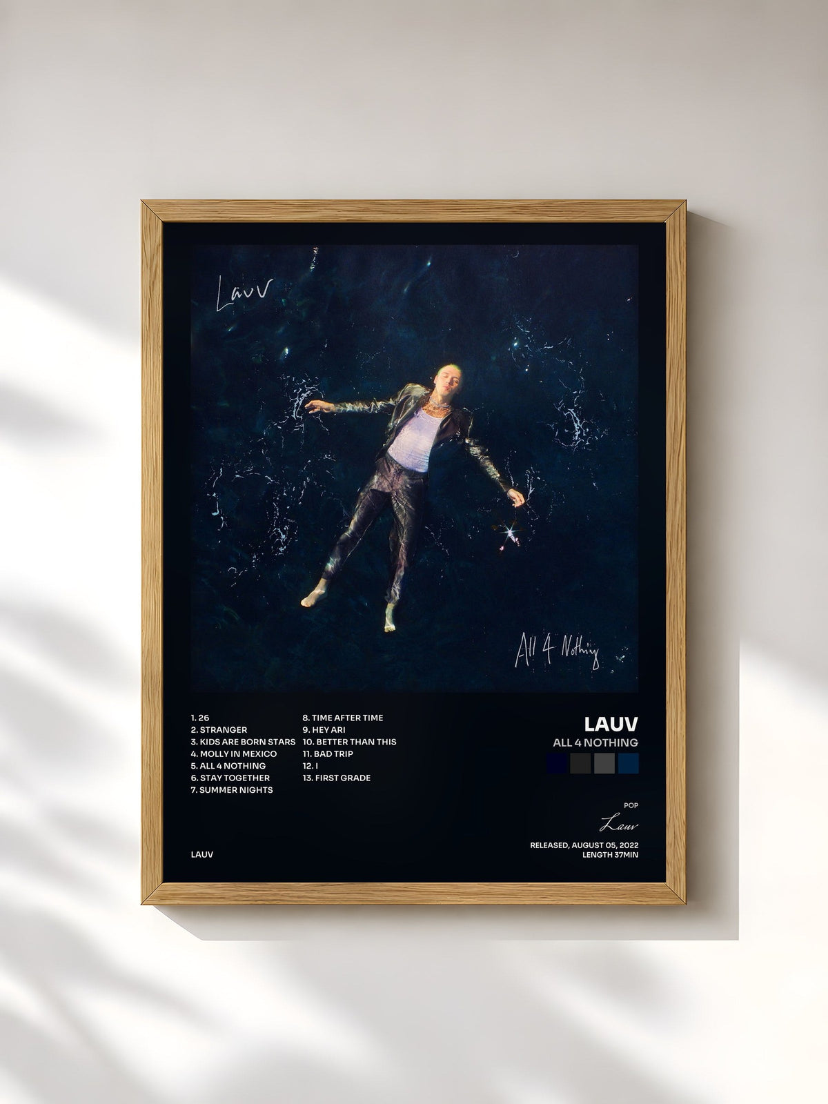 #bois Tableau de l'album All 4 Nothing de Lauv, cadre en bois brut, imprimé et encadré en France