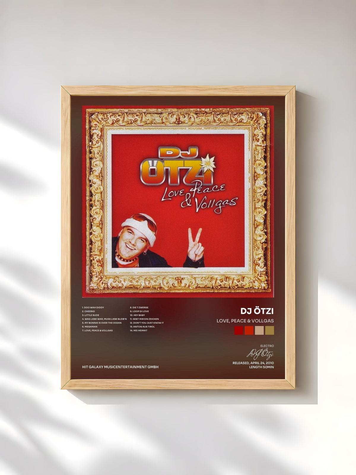 #bois Tableau de l'album Love, Peace & Vollgas de DJ Ötzi, cadre en bois brut, imprimé et encadré en France