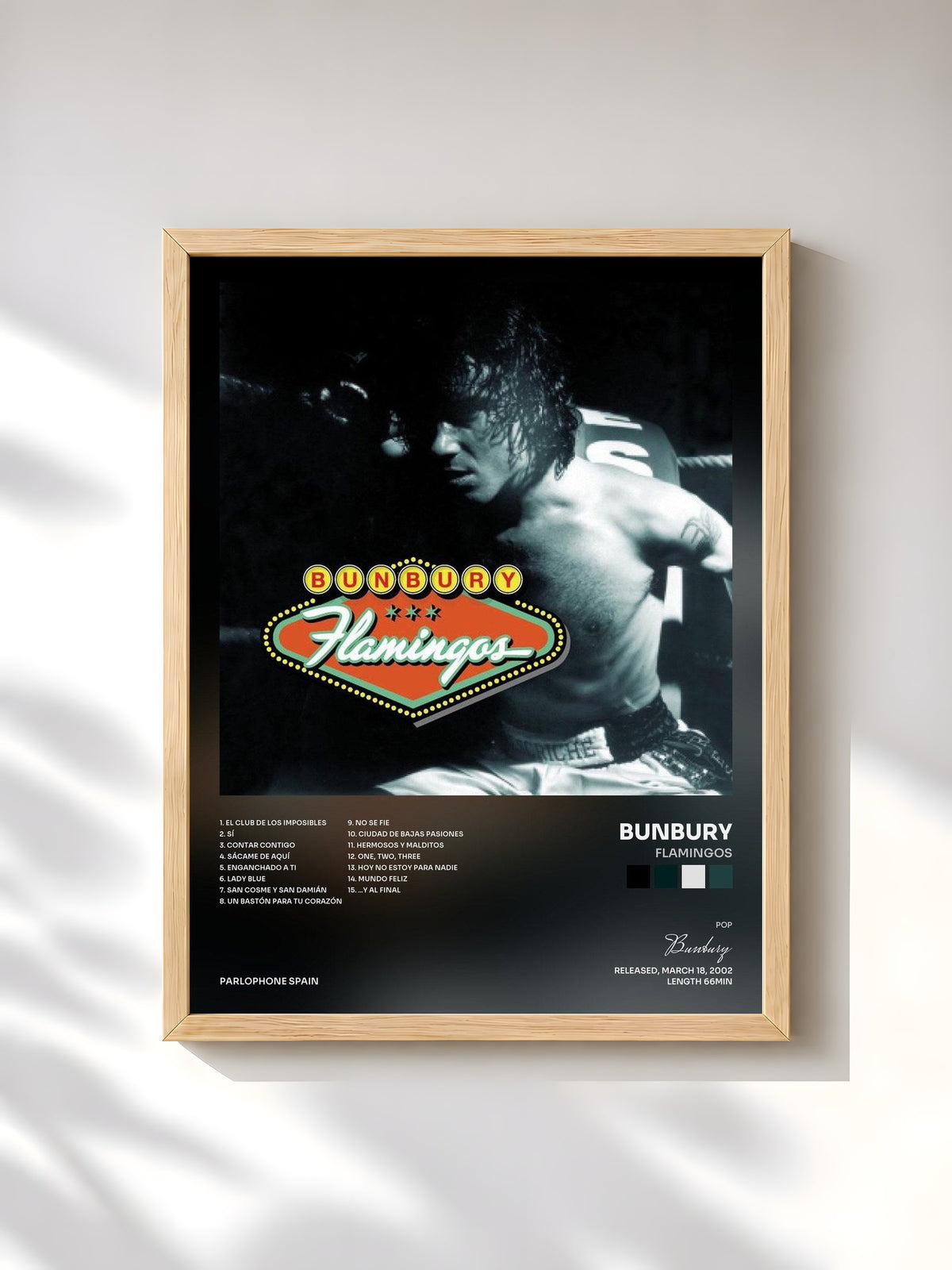 #bois Tableau de l'album Flamingos de Bunbury, cadre en bois brut, imprimé et encadré en France