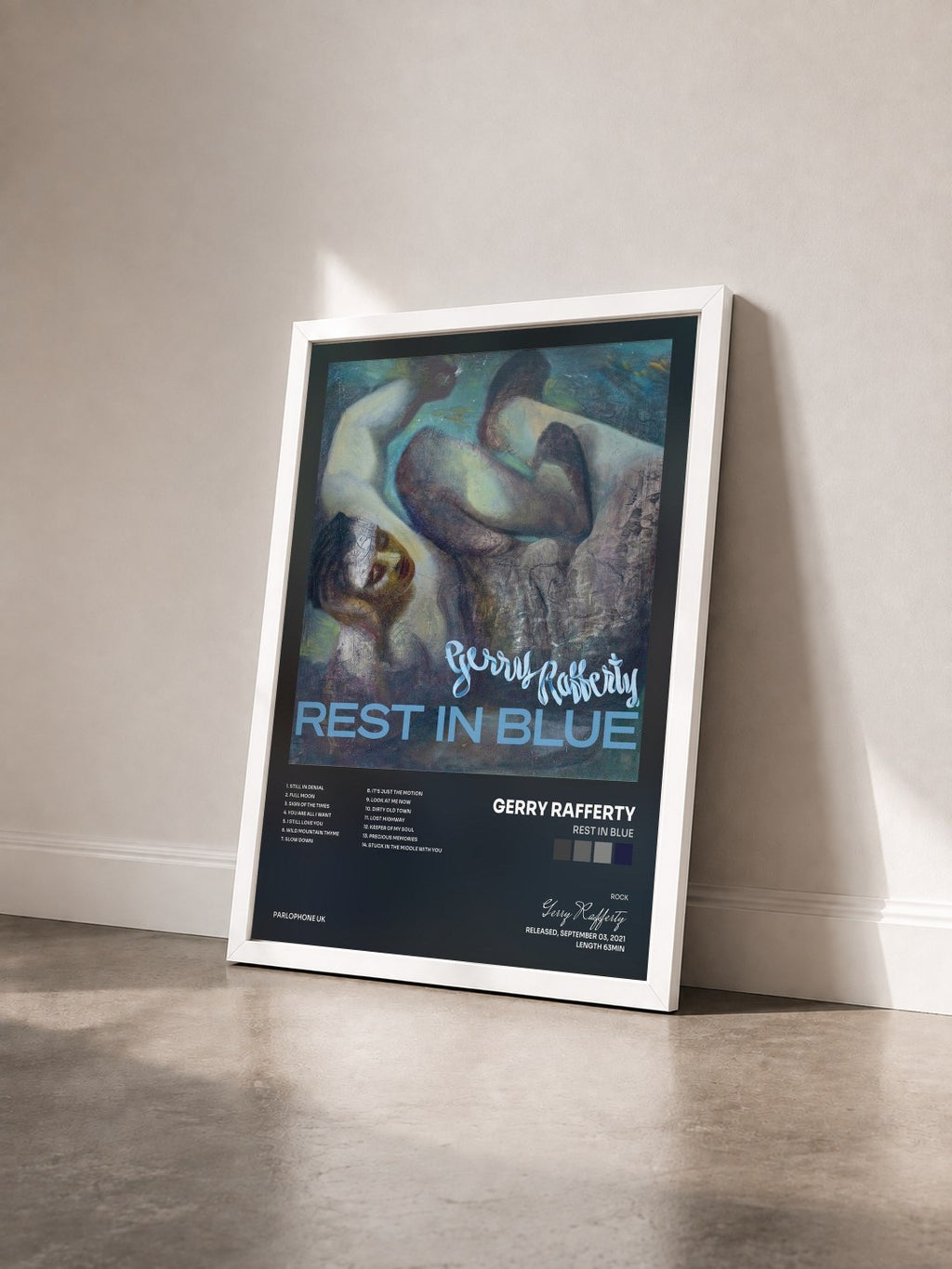 #blanc Tableau de l'album Rest In Blue de Gerry Rafferty vu de trois quarts, cadre blanc