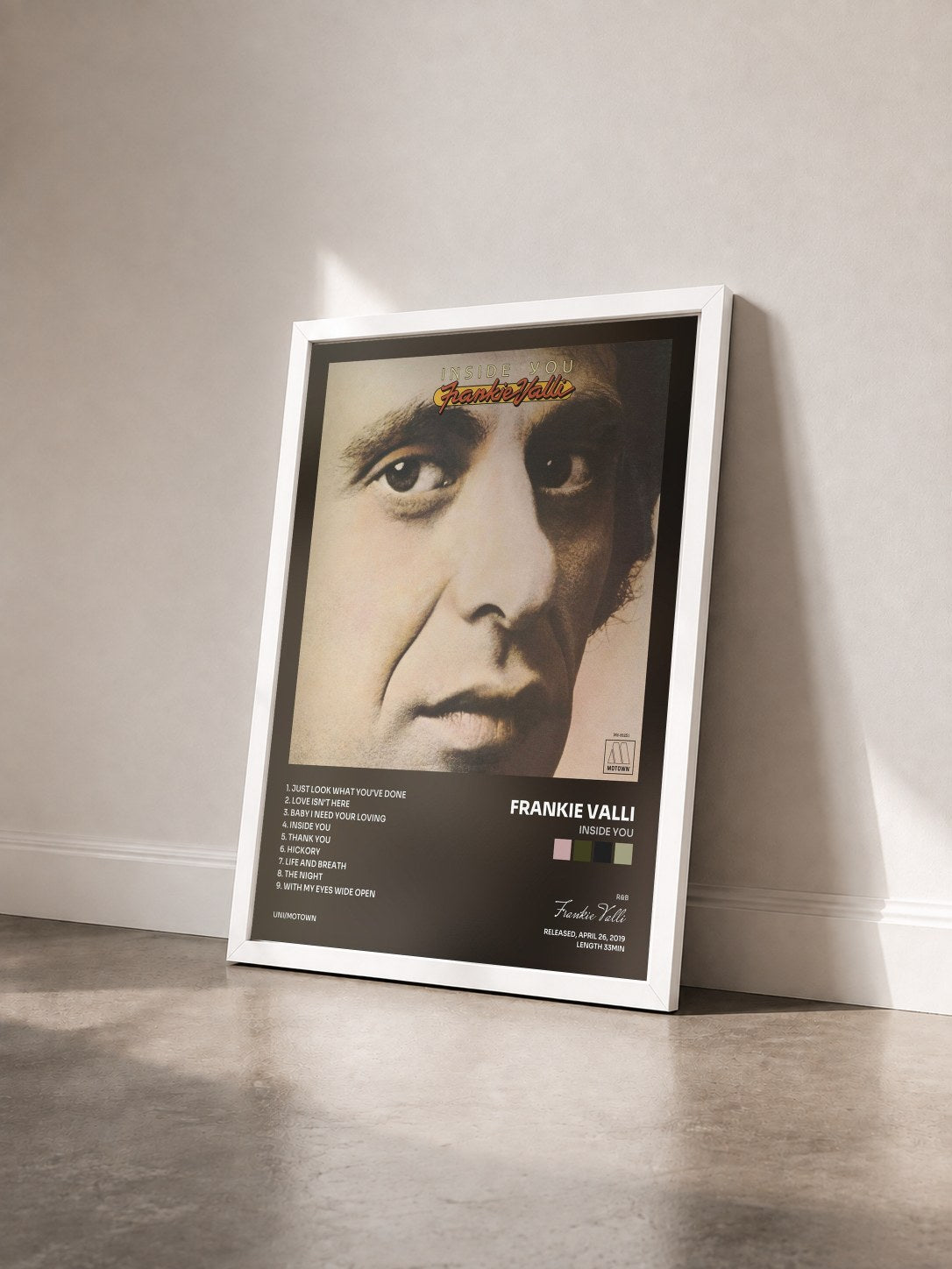 #blanc Tableau de l'album Inside You de Frankie Valli vu de trois quarts, cadre blanc