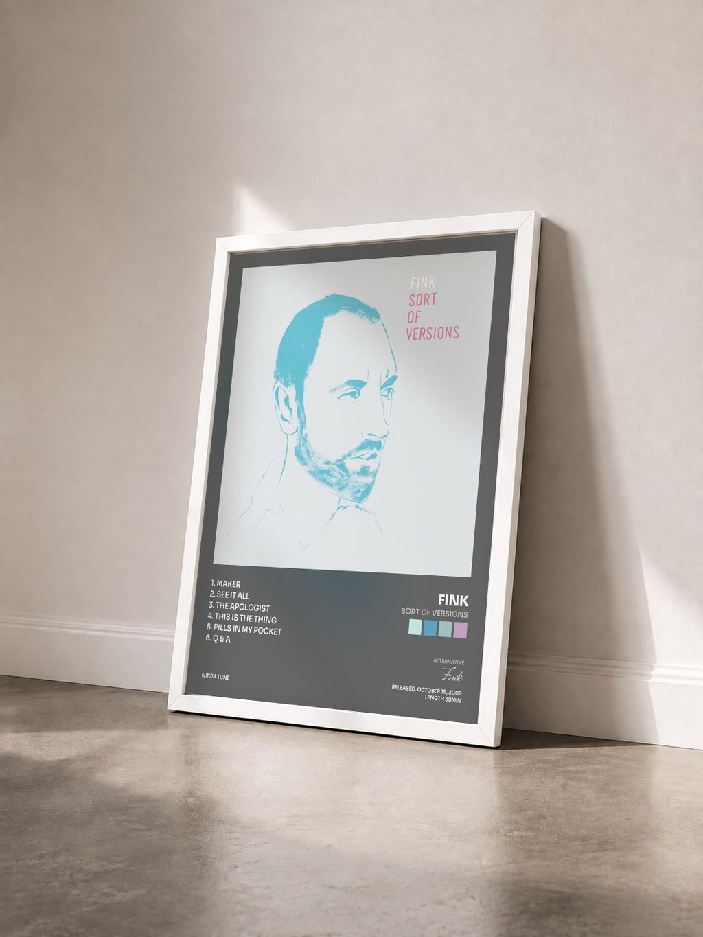 #blanc Tableau de l'album Sort Of Versions de Fink vu de trois quarts, cadre blanc