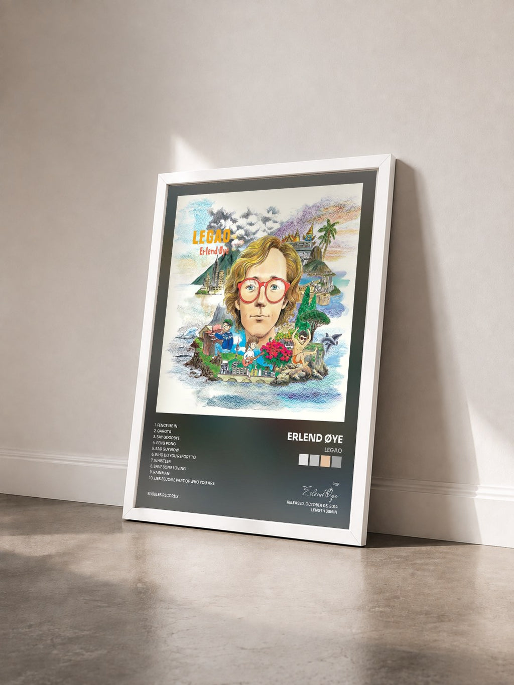 #blanc Tableau de l'album Legao de Erlend Øye vu de trois quarts, cadre blanc
