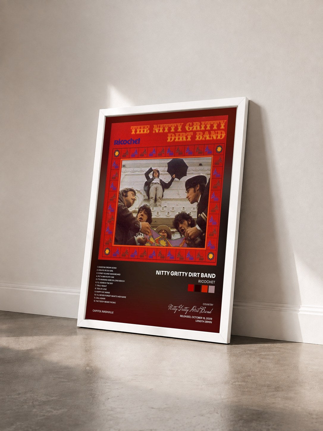 #blanc Tableau de l'album Ricochet de Nitty Gritty Dirt Band vu de trois quarts, cadre blanc