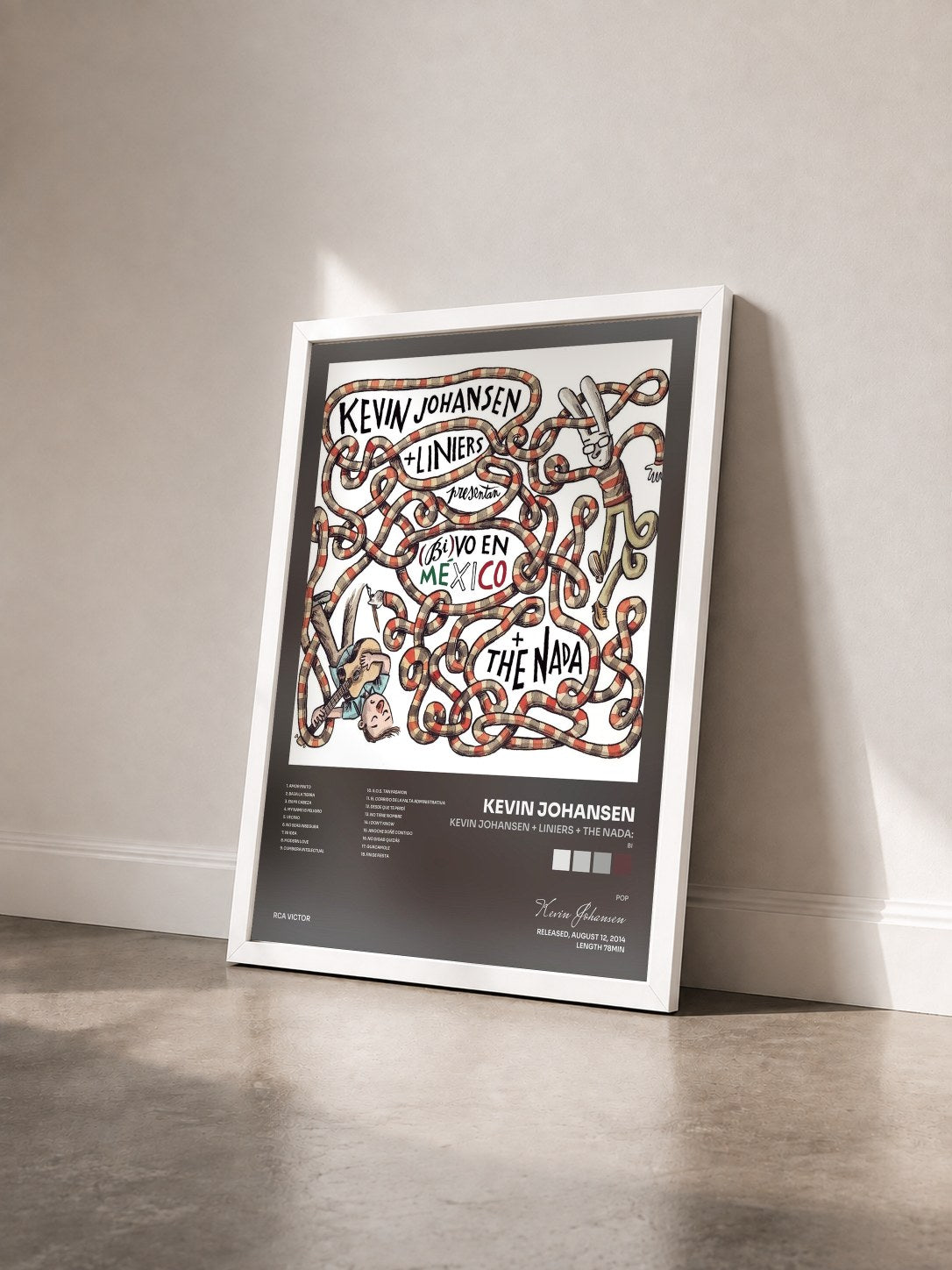 #blanc Tableau de l'album Kevin Johansen + Liniers + The Nada: (Bi)vo en México de Kevin Johansen vu de trois quarts, cadre blanc