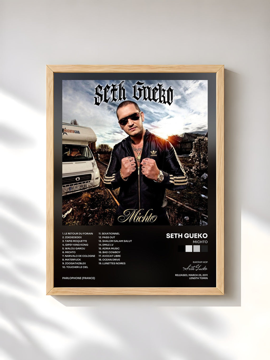 #bois Tableau de l'album Michto de Seth Gueko, cadre en bois brut, imprimé et encadré en France