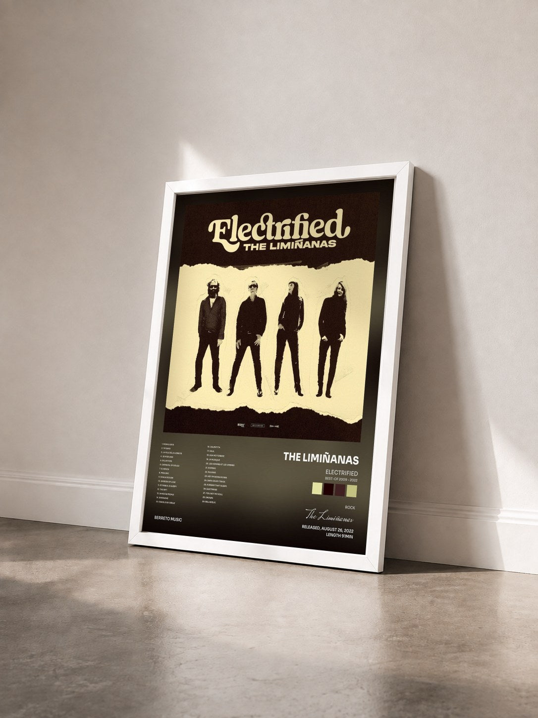 #blanc Tableau de l'album Electrified (Best-of 2009 - 2022) de The Limiñanas vu de trois quarts, cadre blanc