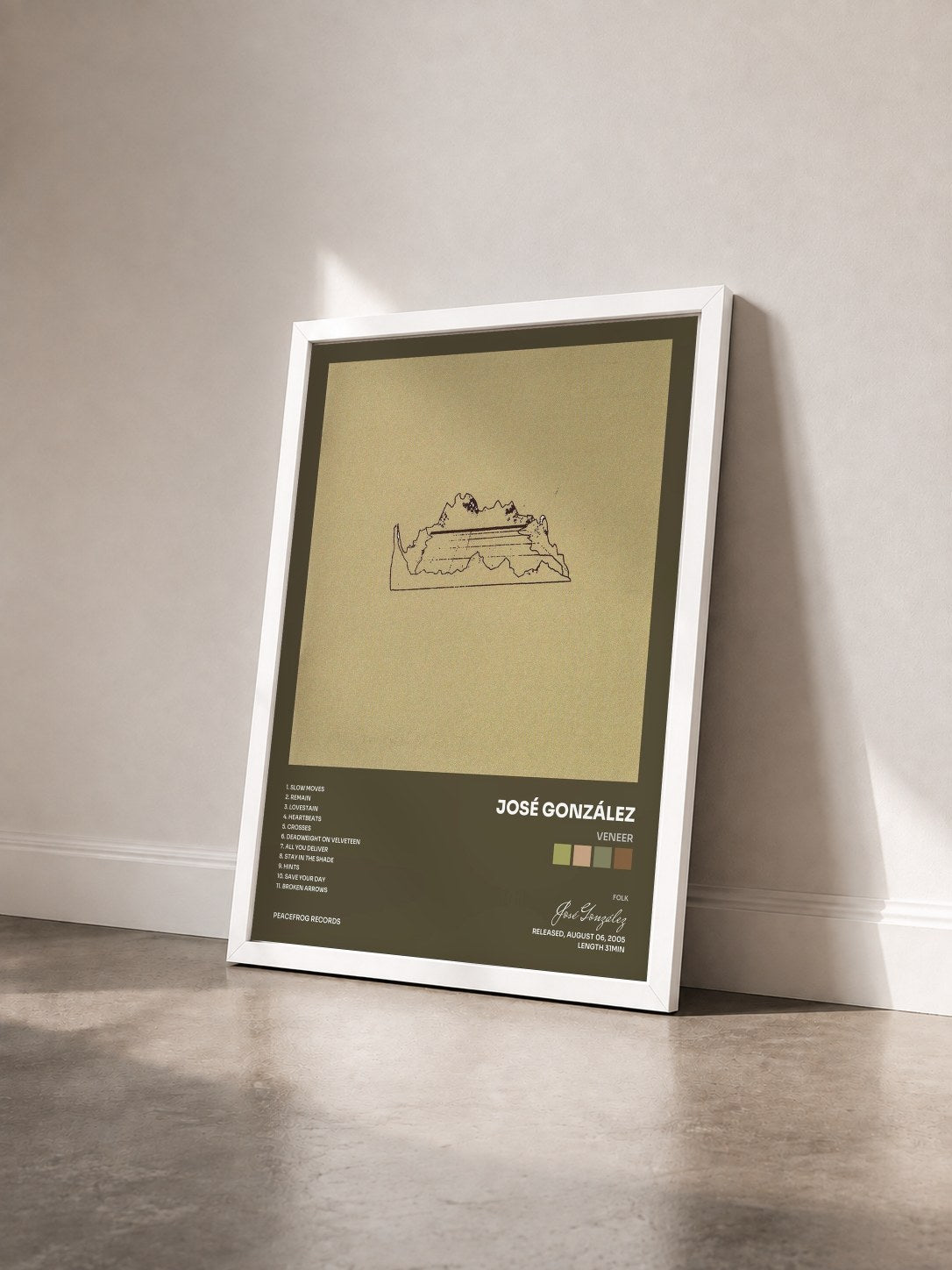 #blanc Tableau de l'album Veneer de José González vu de trois quarts, cadre blanc