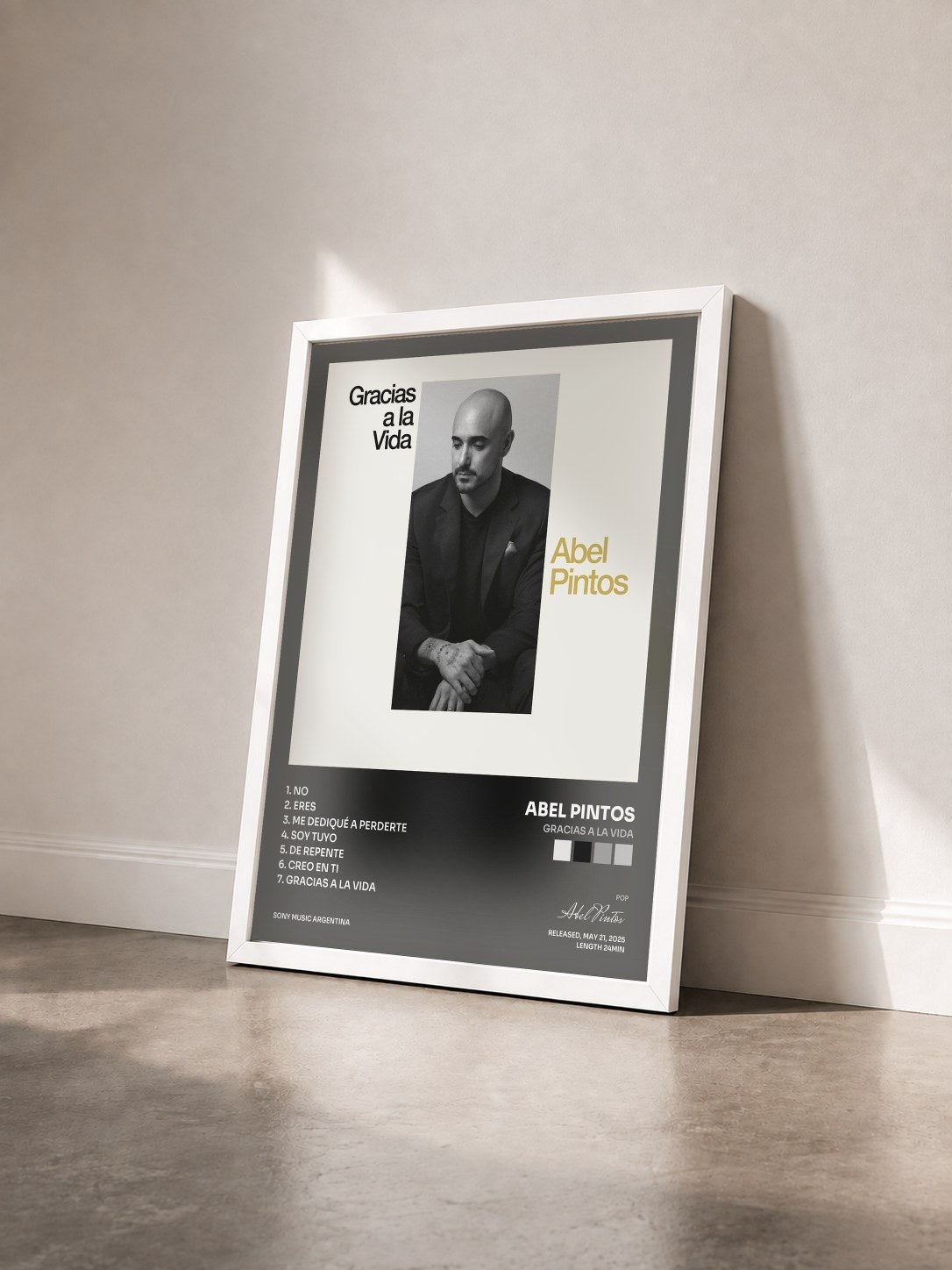 #blanc Tableau de l'album Gracias a la Vida de Abel Pintos vu de trois quarts, cadre blanc