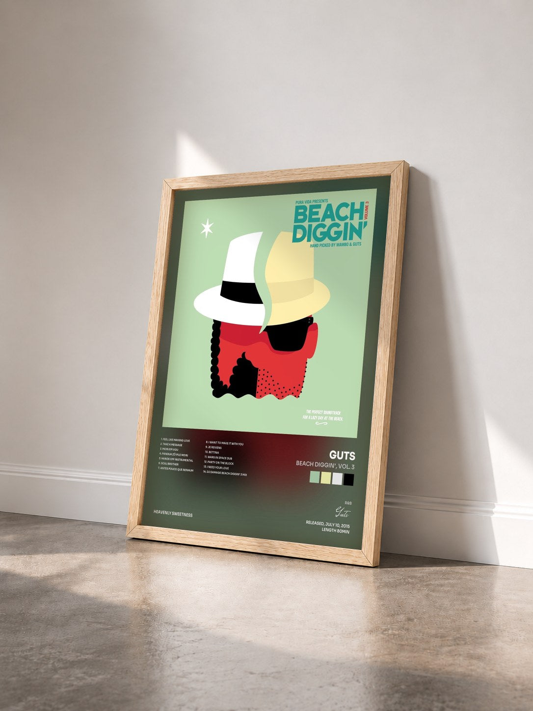 #bois Tableau de l'album Beach Diggin', Vol. 3 de Guts vu de trois quarts, cadre en bois brut
