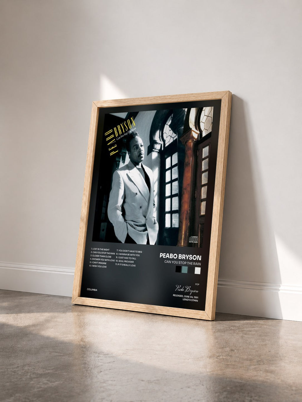 #bois Tableau de l'album Can You Stop The Rain de Peabo Bryson vu de trois quarts, cadre en bois brut