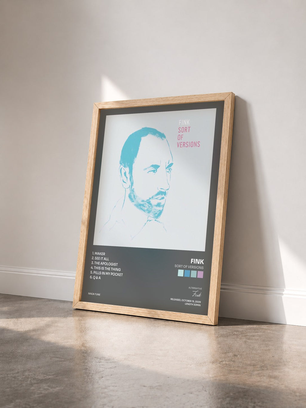 #bois Tableau de l'album Sort Of Versions de Fink vu de trois quarts, cadre en bois brut