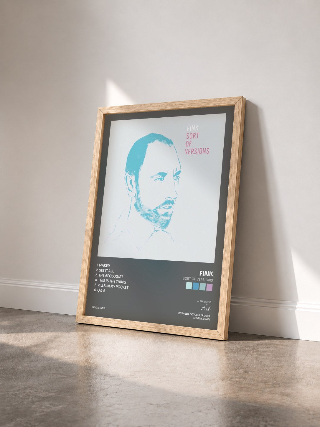 #bois Tableau de l'album Sort Of Versions de Fink vu de trois quarts, cadre en bois brut