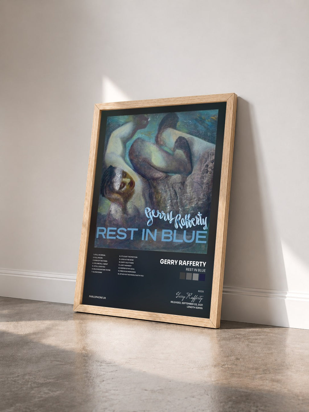 #bois Tableau de l'album Rest In Blue de Gerry Rafferty vu de trois quarts, cadre en bois brut