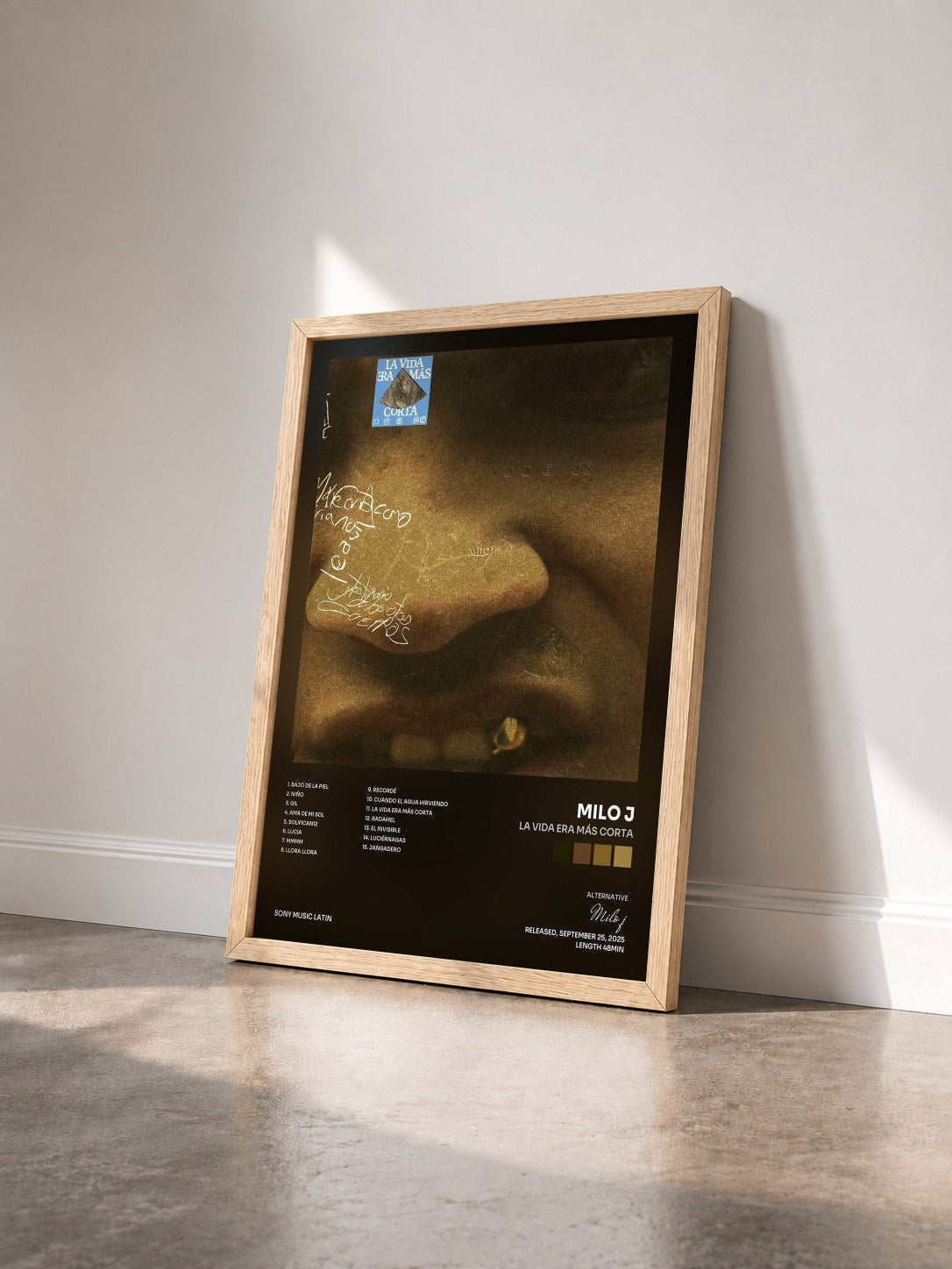 #bois Tableau de l'album La Vida Era Más Corta de Milo j vu de trois quarts, cadre en bois brut