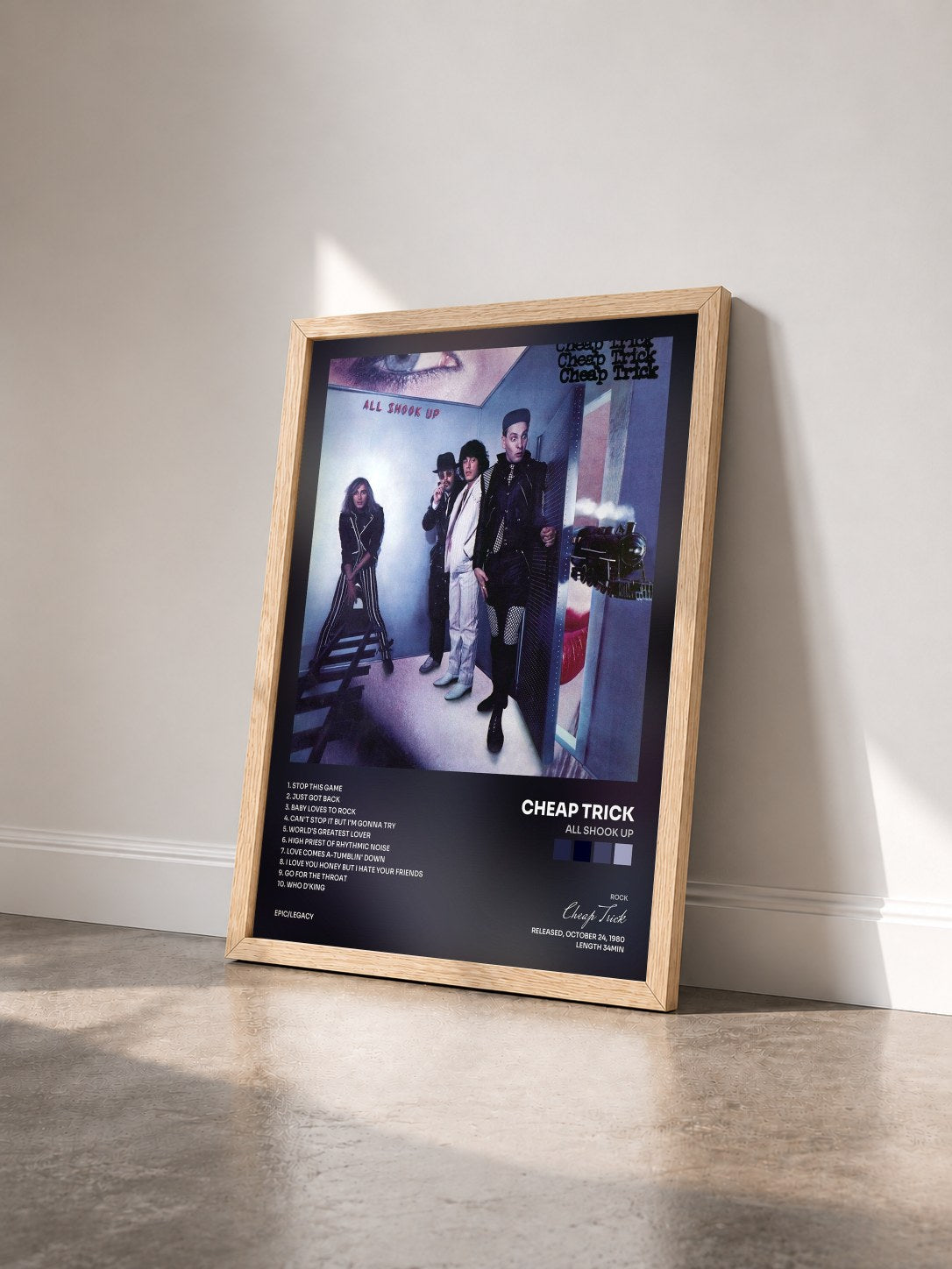 #bois Tableau de l'album All Shook Up de Cheap Trick vu de trois quarts, cadre en bois brut