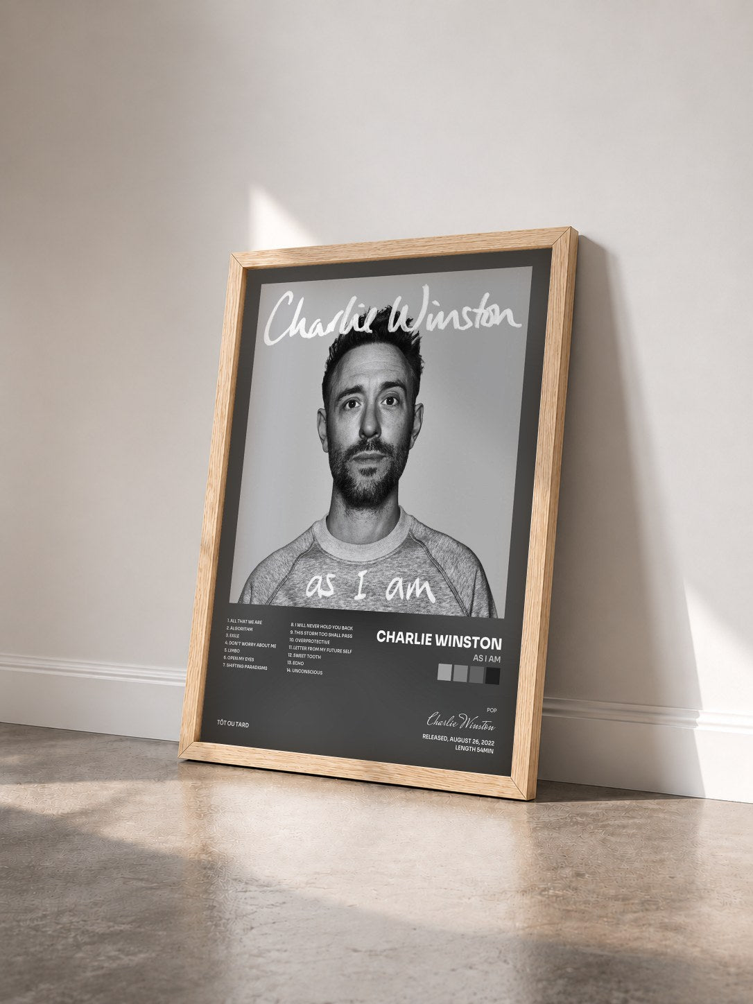 #bois Tableau de l'album As I Am de Charlie Winston vu de trois quarts, cadre en bois brut