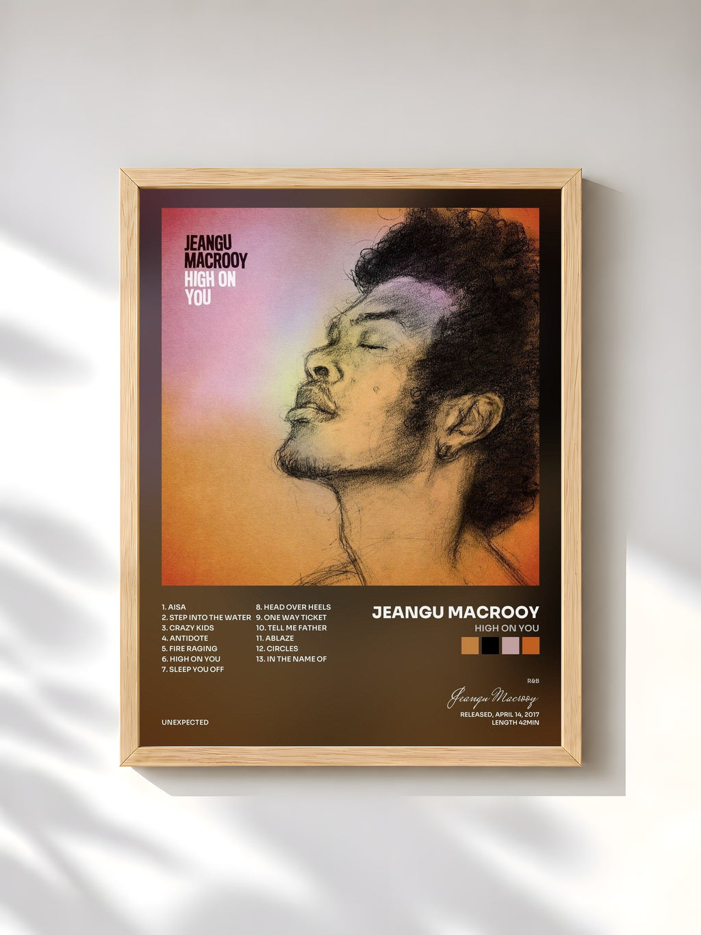 #bois Tableau de l'album High On You de Jeangu Macrooy, cadre en bois brut, imprimé et encadré en France