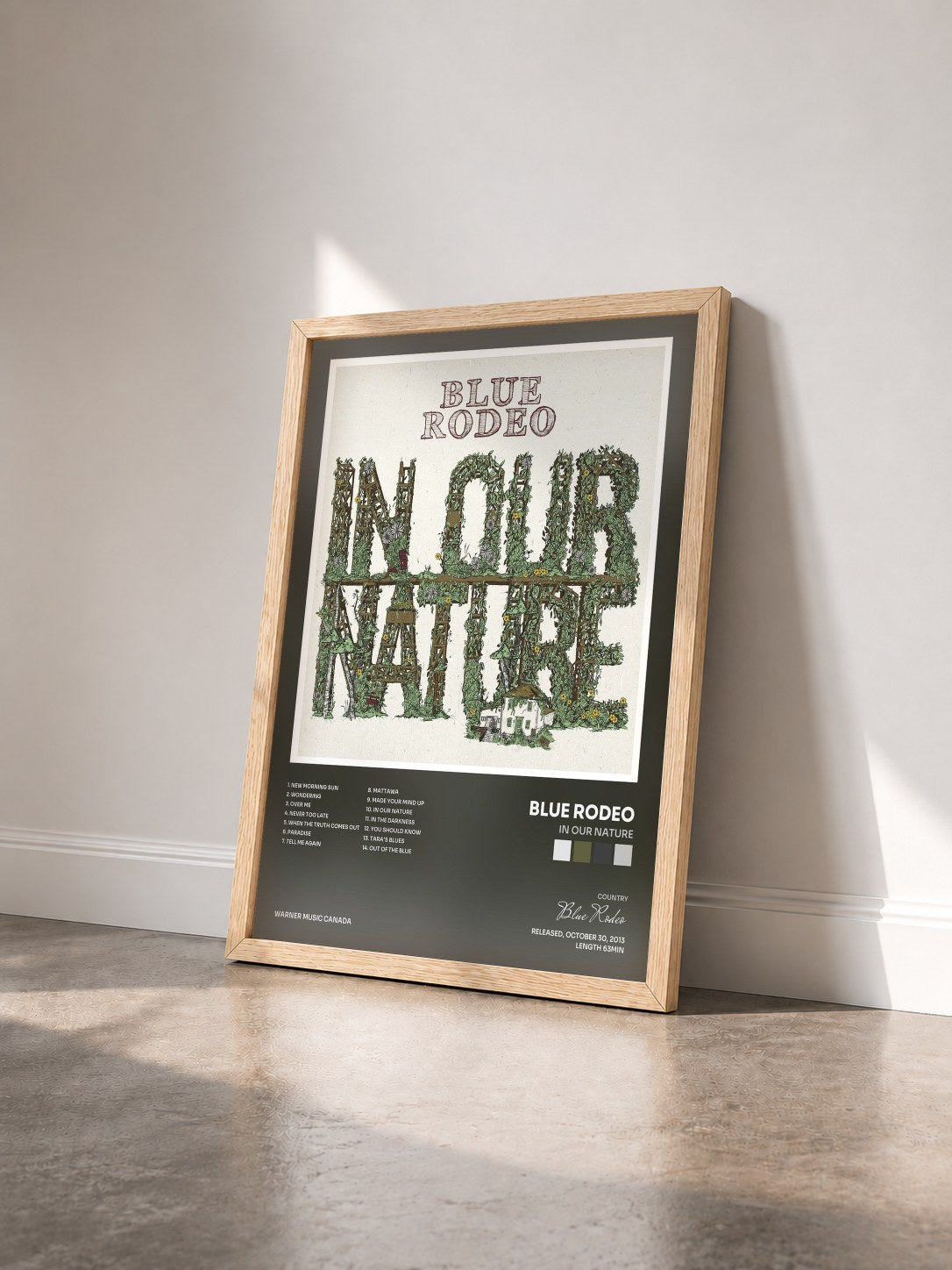 #bois Tableau de l'album In Our Nature de Blue Rodeo vu de trois quarts, cadre en bois brut