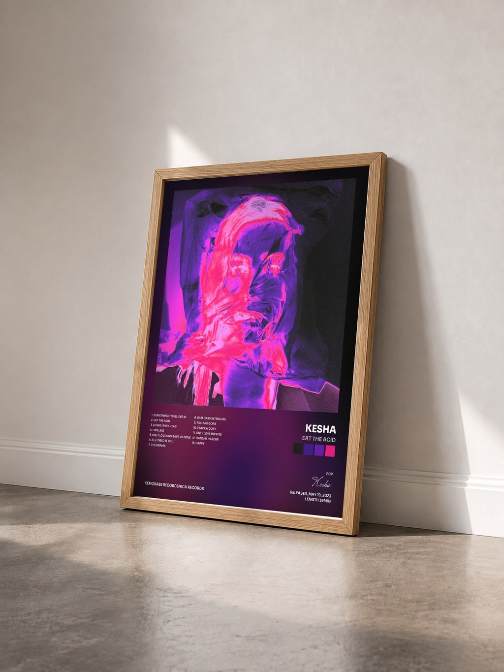 #bois Tableau de l'album Eat The Acid de Kesha vu de trois quarts, cadre en bois brut