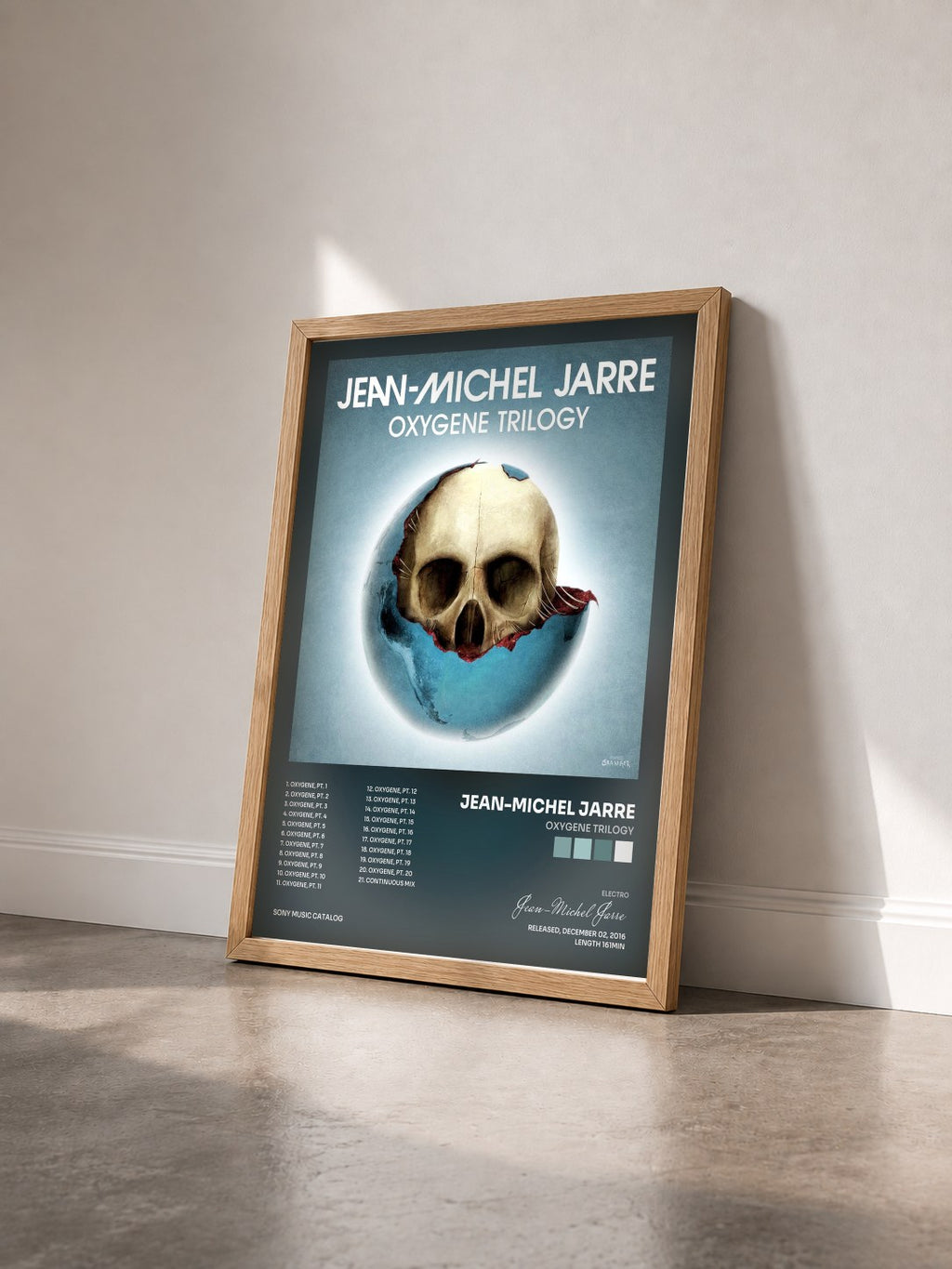 #bois Tableau de l'album Oxygene Trilogy de Jean-Michel Jarre vu de trois quarts, cadre en bois brut