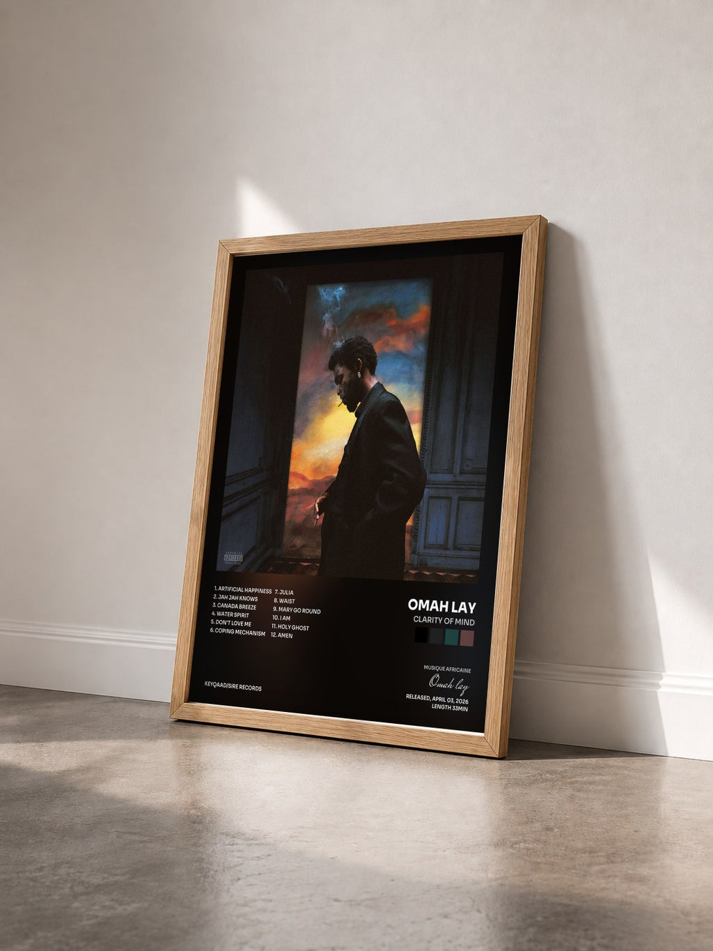 #bois Tableau de l'album CLARITY OF MIND de Omah lay vu de trois quarts, cadre en bois brut