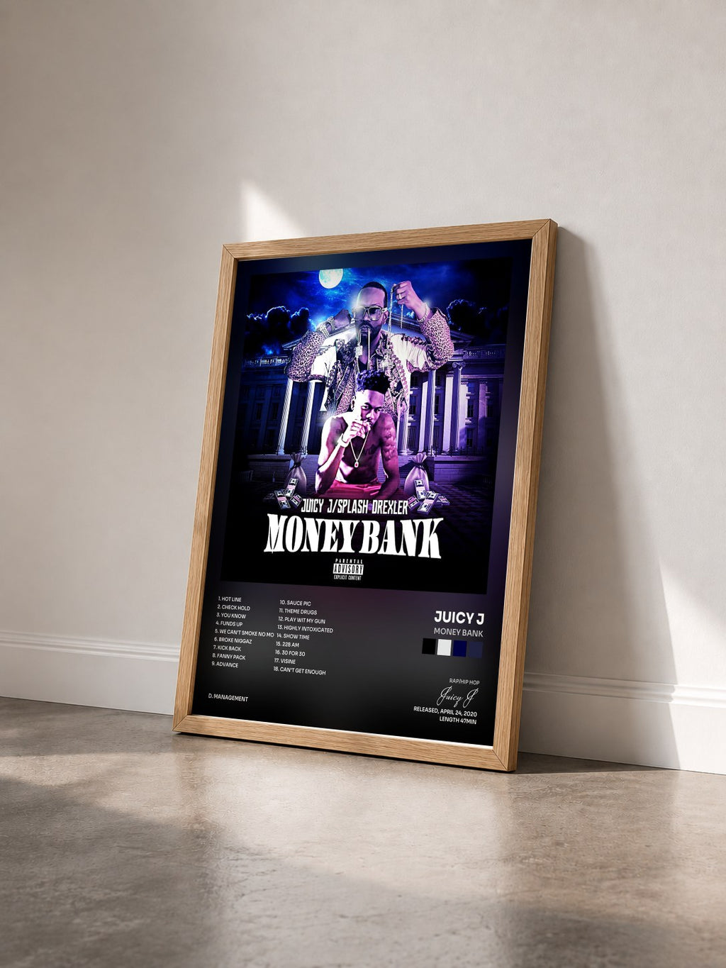 #bois Tableau de l'album Money Bank de Juicy J vu de trois quarts, cadre en bois brut