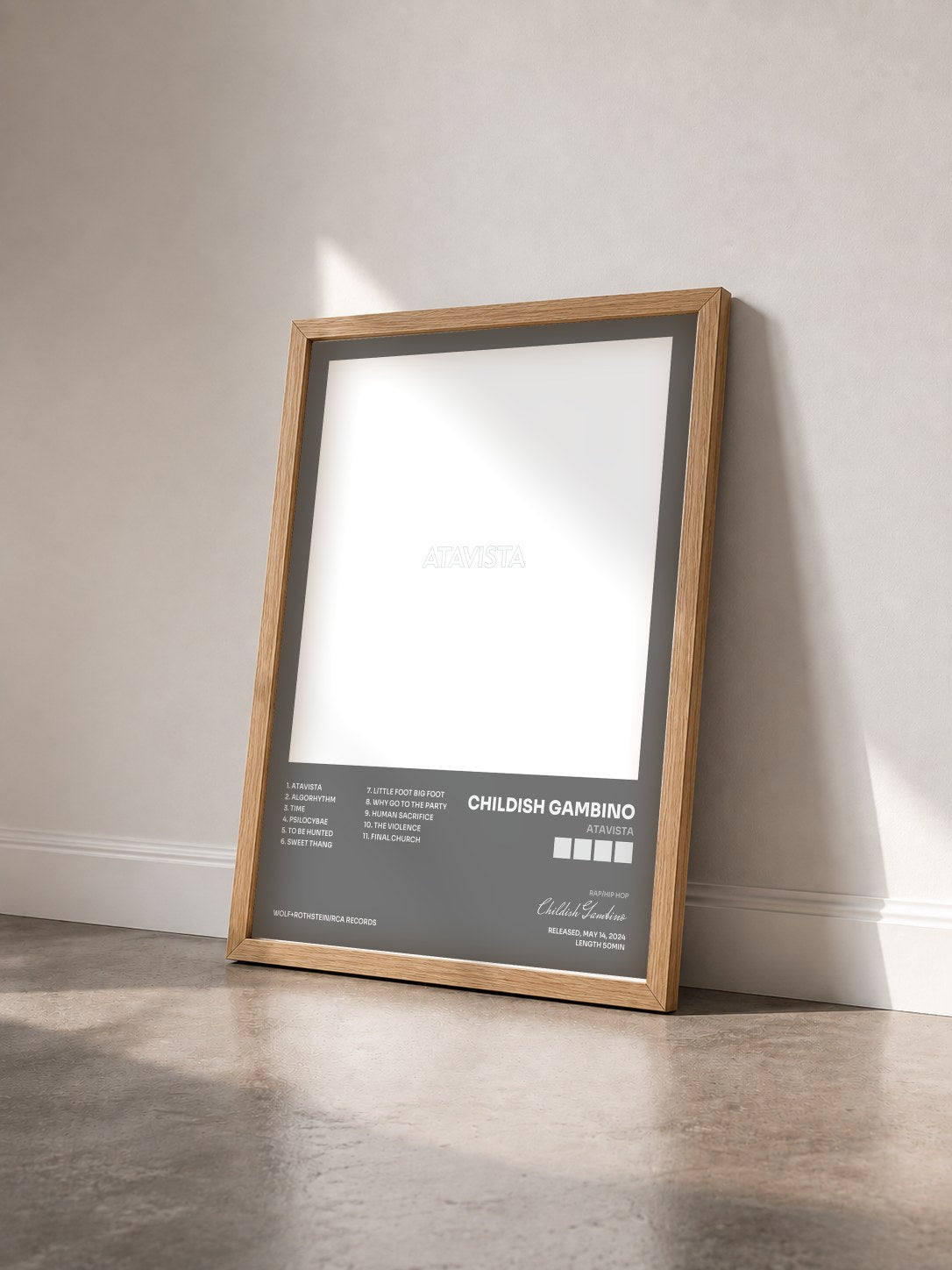 #bois Tableau de l'album Atavista de Childish Gambino vu de trois quarts, cadre en bois brut