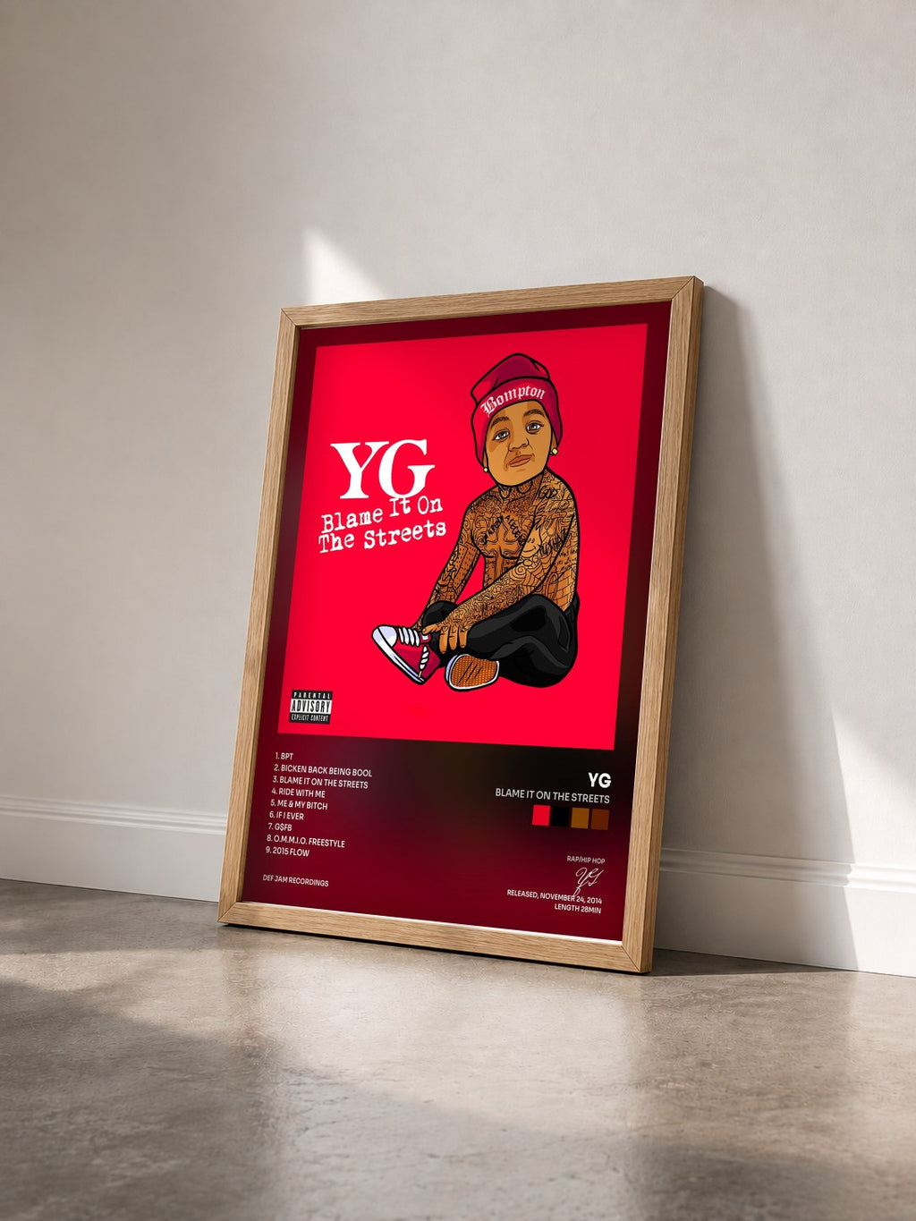 #bois Tableau de l'album Blame It On The Streets de YG vu de trois quarts, cadre en bois brut