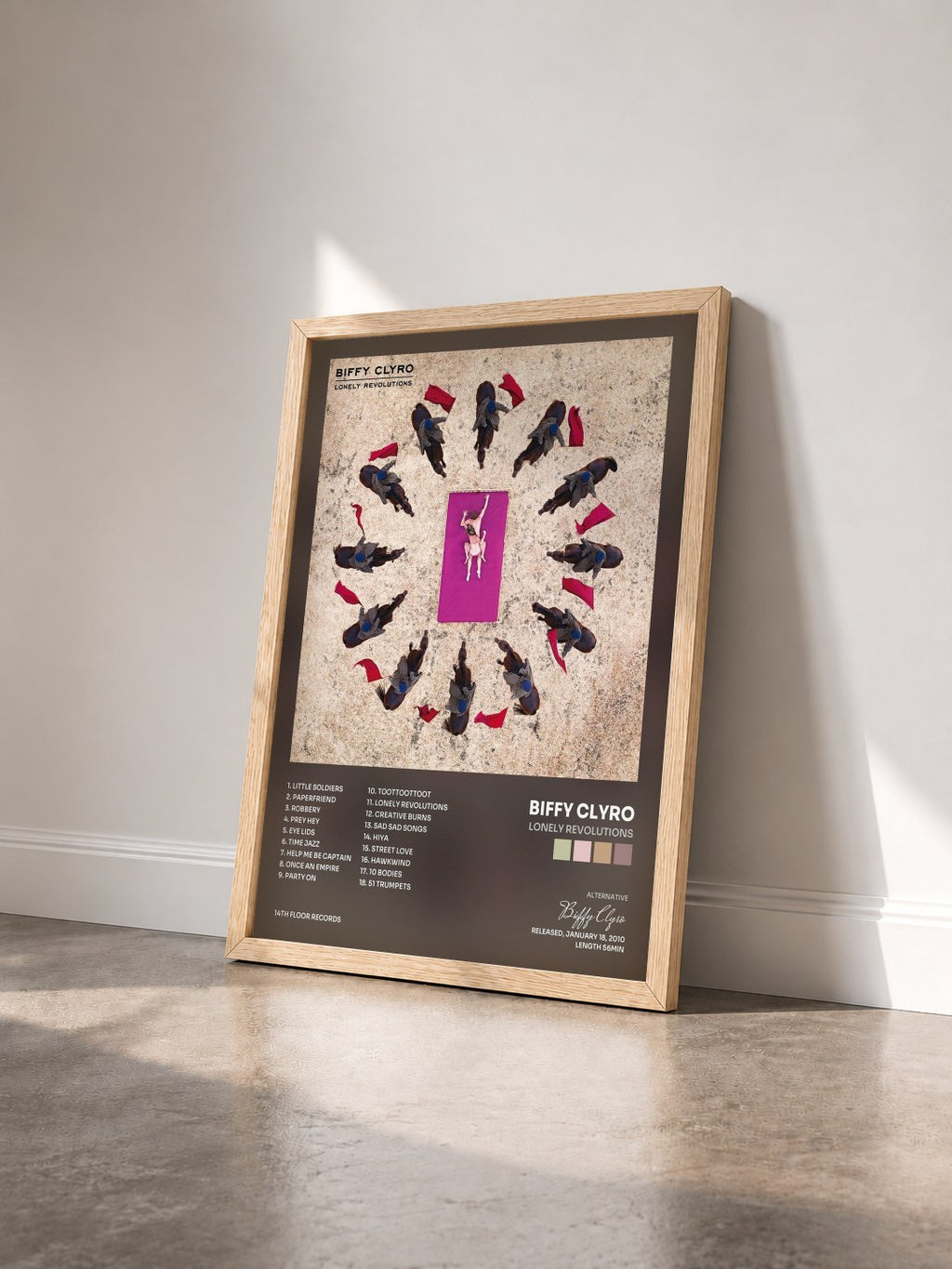 #bois Tableau de l'album Lonely Revolutions de Biffy Clyro vu de trois quarts, cadre en bois brut