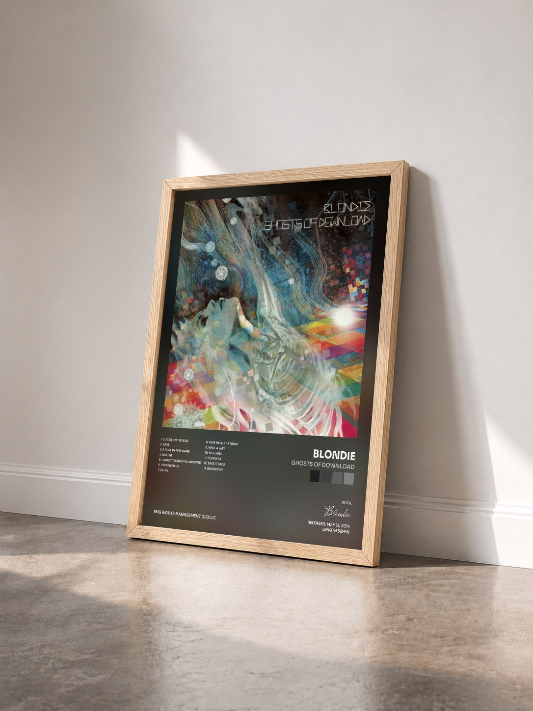 #bois Tableau de l'album Ghosts of Download de Blondie vu de trois quarts, cadre en bois brut