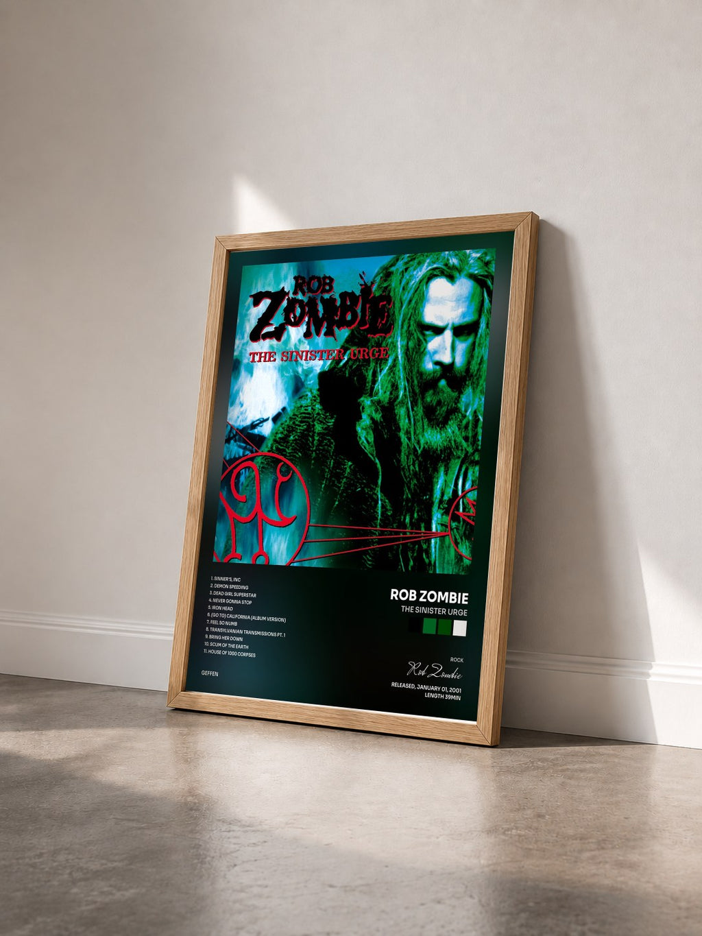 #bois Tableau de l'album The Sinister Urge de Rob Zombie vu de trois quarts, cadre en bois brut