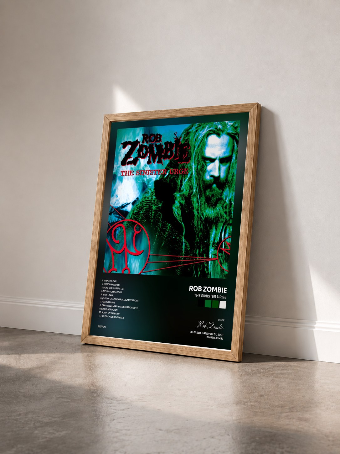 #bois Tableau de l'album The Sinister Urge de Rob Zombie vu de trois quarts, cadre en bois brut